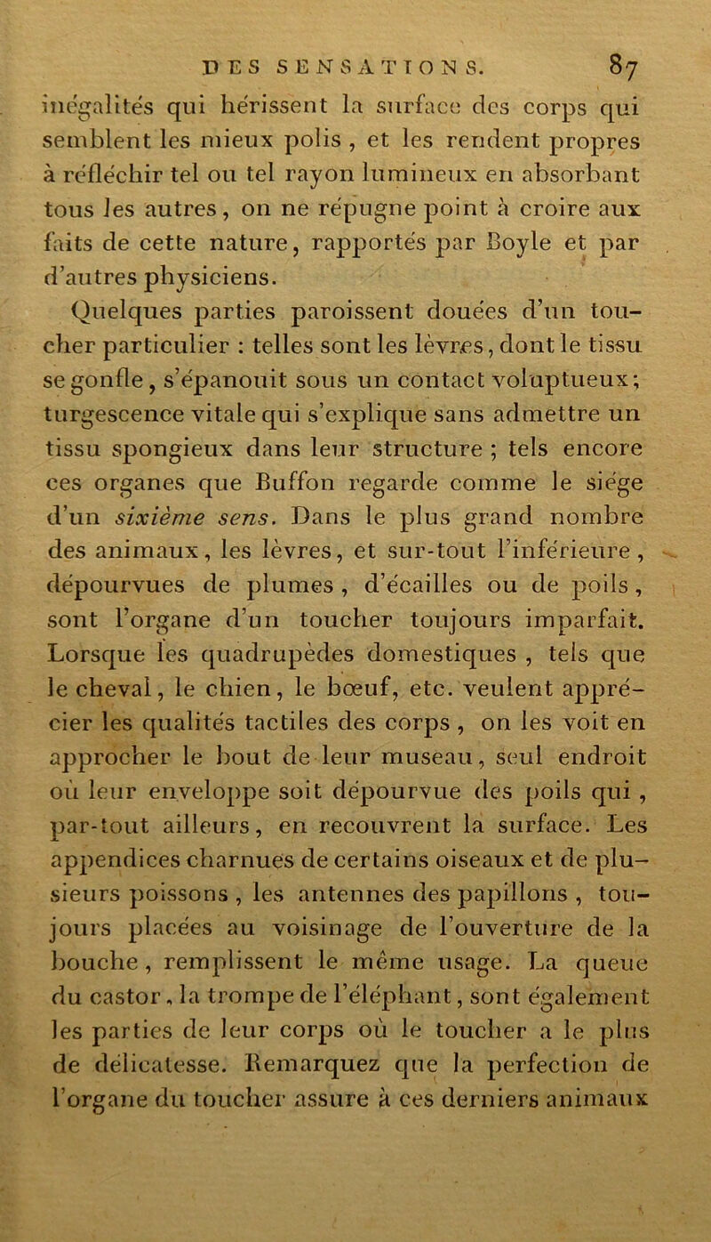 inégalités qui hérissent la surface des corps qui semblent les mieux polis , et les rendent propres à réfléchir tel ou tel rayon lumineux en absorbant tous les autres, on ne répugne point à croire aux faits de cette nature, rapportés par Boyle et par d’autres physiciens. Quelques parties paroissent douées d’un tou- cher particulier : telles sont les lèvres, dont le tissu se gonfle, s’épanouit sous un contact voluptueux; turgescence vitale qui s’explique sans admettre un tissu spongieux dans leur structure ; tels encore ces organes que Buffon regarde comme le siège d’un sixième sens. Dans le plus grand nombre des animaux, les lèvres, et sur-tout l’inférieure, dépourvues de plumes , d’écailles ou de poils, sont l’organe d’un toucher toujours imparfait. Lorsque les quadrupèdes domestiques , tels que le cheval, le chien, le bœuf, etc. veulent appré- cier les qualités tactiles des corps , on les voit en approcher le bout de leur museau, seul endroit où leur enveloppe soit dépourvue des poils qui , par-tout ailleurs, en recouvrent la surface. Les appendices charnues de certains oiseaux et de plu- sieurs poissons , les antennes des papillons , tou- jours placées au voisinage de l’ouverture de la bouche , remplissent le même usage. La queue du castor „ la trompe de l’éléphant, sont également les parties de leur corps où le toucher a le plus de délicatesse. Remarquez que la perfection de l’organe du toucher assure à ces derniers animaux