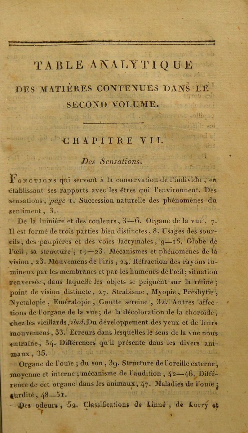 TABLE ANALYTIQUE DES MATIERES CONTENUES DANS LE SECOND VOLUME. CHAPITRE VI L Des Sensations. Fonctions qui servent à la conservation île l’individu , en établissant ses rapports avec les êtres qui l’environnent. Dès sensations, page i. Succession naturelle des phénomènes du sentiment,3.- De la lumière et des couleurs, 3—6. Organe de la vue , 7. Tl est formé de trois parties bien distinctes , 8. Usages des sour- cils, des paupières et des voies lacrymales, 9—16. Globe de l’œil, sa structure , 17—a3. Mécanismes et phénomènes de là vision , 23. Mouvemens de l’iris , 24. Réfraction des rayons lu- mineux par les membranes et par les humeui's de l’œil ; situation renversée , dans laquelle les objets se peignent sur la rétine ; point de vision distincte, 97. Strabisme, Myopie, Presbytie1, IMyctalopie , Eméralopie , Goutte sereine , 32. Autres affec- tions de l’organe de la vue; de la décoloration de la choroïde, chez les vieillards, ibicl.Du développement des yeux et de leurs mouvemens, 33. Erreurs dans lesquelles le sens de la vue nous entraîne, 34- Différences qu’il présente dans les divers ani- maux , 35. Organe de l’ouïe ; du son , 3g. Structure de l’oreille externe, moyenne et interne ; mécanisme de l’audition , 42—4G. Diffé- rence de cct organe dans les animaux, 47- Maladies de l’ouïe j furdicé , 48—5t. L>es odeurs , 5a. Classifications de Linné , de Lorry et