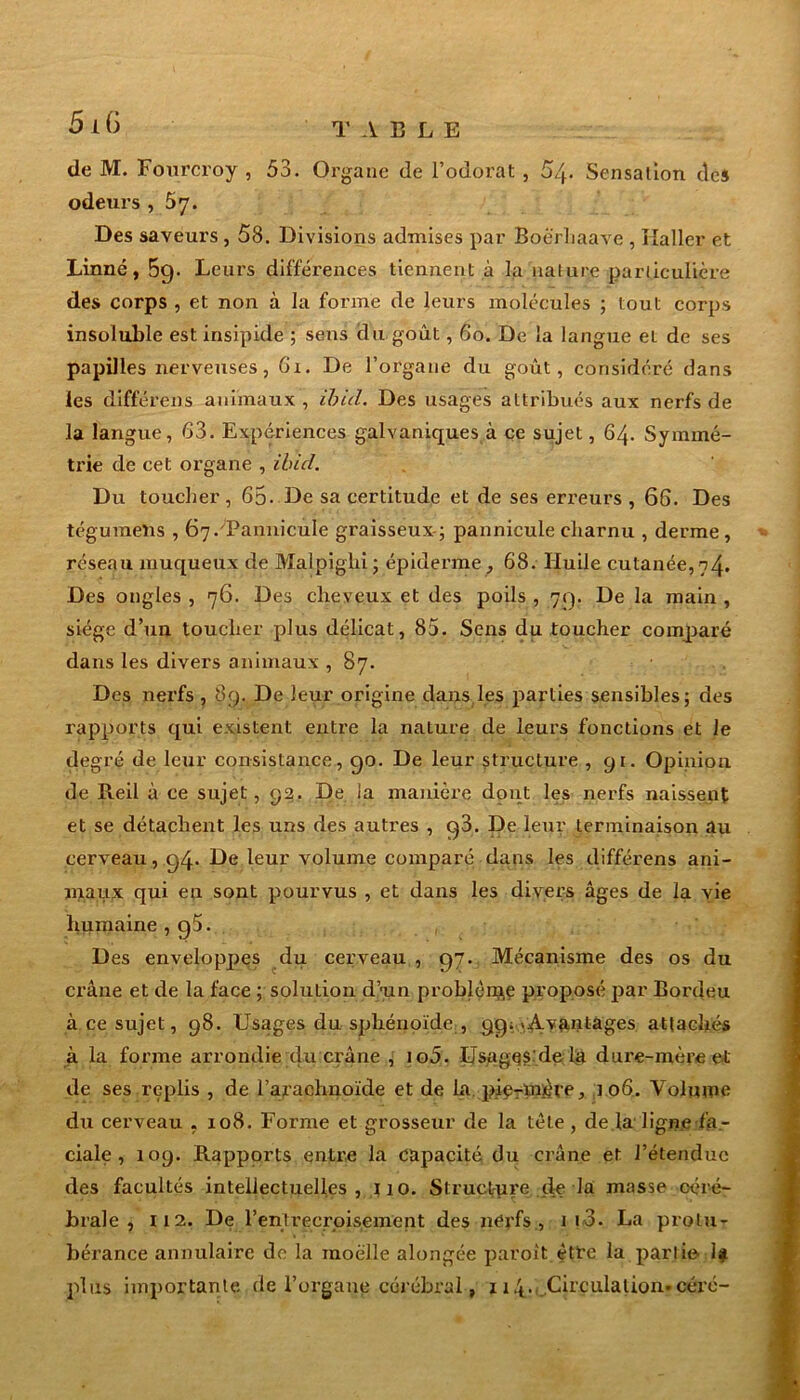 T A 13 L E de M. Fourcroy , 53. Organe de l’odorat , 54. Sensation des odeurs, 57. Des saveurs , 58. Divisions admises par Boé'rhaave , Haller et Linné, 5g. Leurs différences tiennent à la nature particulière des corps , et non à la forme de leurs molécules ; tout corps insoluble est insipide ; sens du goût, 60. De la langue et de ses papilles nerveuses, 61. De l’organe du goût, considéré dans les différens animaux , ïbid. Des usages attribués aux nerfs de la langue, 63. Expériences galvaniques à ce sujet, 64. Symmé- trie de cet organe , Ibid. Du toucher, 65- De sa certitude et de ses eri’eurs , 66. Des tégumeîis , 67.PannicuIe graisseux; pannicule charnu , derme, réseau muqueux de Malpjghi; épiderme, 68. Huile cutanée,74* Des ongles , 76. Des cheveux et des poils , 7g. De la main , siège d’un toucher plus délicat, 85. Sens du toucher comparé dans les divers animaux , 87. Des nerfs , 89. De leur origine dans les parties sensibles; des rapports qui existent entre la nature de leurs fonctions et le degré de leur consistance, go. De leur structure ,9t. Opinion de Reil à ce sujet, 92. De la manière dont les nerfs naissent et se détachent les uns des autres , g3. De leur terminaison au cerveau, g4* b*e leur volume comparé dans les différens ani- maux qui en sont pourvus , et dans les divers âges de la vie humaine , g5. Des enveloppes du cerveau , 97. Mécanisme des os du crâne et de la face ; solution d’-un problème proposé par Bordeu à ce sujet, 98. Usages du sphénoïde , 99; «Avantages attachés à la forme arrondie du crâne , io5. JJsag^.dela dure-mère et de ses replis , de l’arachnoïde et de la pie-mère, i 06. Volume du cerveau « 108. Forme et grosseur de la tète , de la ligne fa- ciale , 109. Rapports entre la capacité du crâne et l’étendue des facultés intellectuelles, no. Structure de la masse céré- brale, il2. De l’entrecroisement des nerfs, 110. La protu- bérance annulaire de la moelle alongée paroit être la partie If plus importante de l’organe cérébral, 1 i4. Circulation-céré-