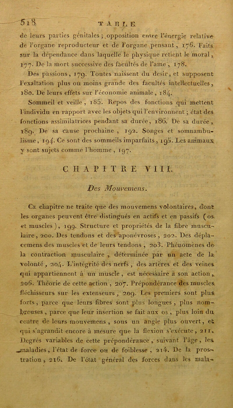 5iâ de leurs parties génitales ; .opposition enire l’énergie relative de l’organe reproducteur et de l’organe pensant, 176. Faits sur la dépendance dans laquelle le physique retient le moral, 177. De la mort successive des facultés de Famé , 178'. Des passions, 17c). Toutes naissent du désir, et supposent l’exaltation plus ou moins gi’ande des facultés intellectuelles, 180. De leurs effets sur l’économie animale, 184. Sommeil et veille, i85. Repos des fonctions qui mettent l’individu en rapport avec les objets qui l’environnent ; état des fonctions assimilatrices pendant sa durée, 186. De sa durée, i8q. De sa cause prochaine , 192. Songes et somnambu- lisme , 194- Ce sont des sommeils imparfaits , ig5. Les animaux, y sont sujets comme l’homme , 197. CHAPITRE VIII. Des Mouvemens. Ce chapitre ne traite que des mouvemens volontaires, dont les organes peuvent être distingués en actifs et en passifs (os. et muscles), 199. Structure et propriétés de la fibre muscu- laire, 200. Des tendons et des aponévroses , 202. Des dépla- cemens des muscles et de leurs tendons , 2o3. Phénomènes de- là contraction musculaire , déterminée par un acte de la volonté, 204. L’intégrité des nerfs , des artères et des veines qui appartiennent à un muscle , est nécessaire à son action 2ofi. Théorie de cette action , 207. Prépondérance des muscles fléchisseurs sur les extenseurs, 209. Les premiers sont plus, forts, parce que leurs fibres sont plus longues, plus nom- breuses , parce que leur insertion se fait aux os , plus loin du, centre de leurs mouvemens , sous un angle plus ouvert, et qui s’agrandit encore à mesure que la flexion s’exécute, 211. Degrés variables de cette prépondérance , suivant l’âge , les. .«maladies, l’état de force ou de foiblesse , 214. De la pros- tration , 216* De l’état général des forces dans les ma la-