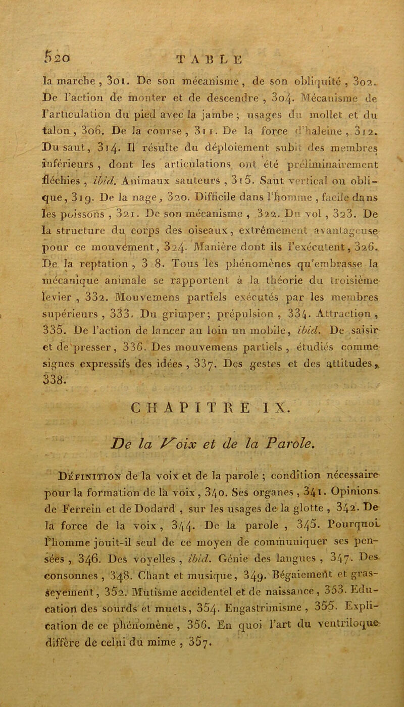 T AELE 5:20 la marche , 3oi. De son mécanisme, de son obliquité, 3o2. De l’action de monter et de descendre , 3o4- Mécanisme de l’articulation du pied avec la jambe ; usages du mollet et du talon, 3oh. De la course, 31 x. De la force d’haleine, 3i2. Du saut, 3r4* U résulte du déploiement subit des membres inférieurs , dont les articulations ont été préliminairement fléchies , ibid. Animaux sauteurs , 3i5. Saut vertical ou obli- que, 31g. De la nage, 3?.o. Difficile dans l’homme , facile dans les poissons , 3ai. De son mécanisme , 322. Du vol , 323. De la structure du corps des oiseaux, extrêmement avantageuse » I , pour ce mouvement, 3i4- Manière dont ils l’exécutent, 326. De la l’eptation , 3 8. Tous les phénomènes qu’embrasse la mécanique animale se rapportent à la théorie du troisième levier , 332. Mouvemens partiels exécutés par les membres supérieurs, 333. Du grimper; prépulsion, 334- Attraction, 335. De l’action de lancer au loin un mobile, ibid. De saisir et de presser, 336. Des mouvemens partiels , étudiés comme signes expressifs des idées, 337. Des gestes et des attitudes,, 338. CHAPITRE II. De la V~oix et de la Parole. Définition de la voix et de la parole ; condition necessaire pour la formation de la voix , 34 o. Ses organes , 34 ï * Opinions, de Ferrein el de Dodard , sur les usages de la glotte , 3De la force de la voix , 344- De la parole , 345. Pourquoi, l’homme jouit-il seul de ce moyen de communiquer ses pen- sées , 346. Des voyelles , ibid. Génie des langues , 347- Oes consonnes , 348. Chant et. musique, 34g> BégaiemeiU et gras- seyement, 352. Mutisme accidentel et de naissance, 35o. Edu- cation des sourds et muets, 35/\. Engastrimisme , 355. Expli- cation de ce phénomène , 356. En quoi l’art du ventriloque diffère de celui du mime , 367.