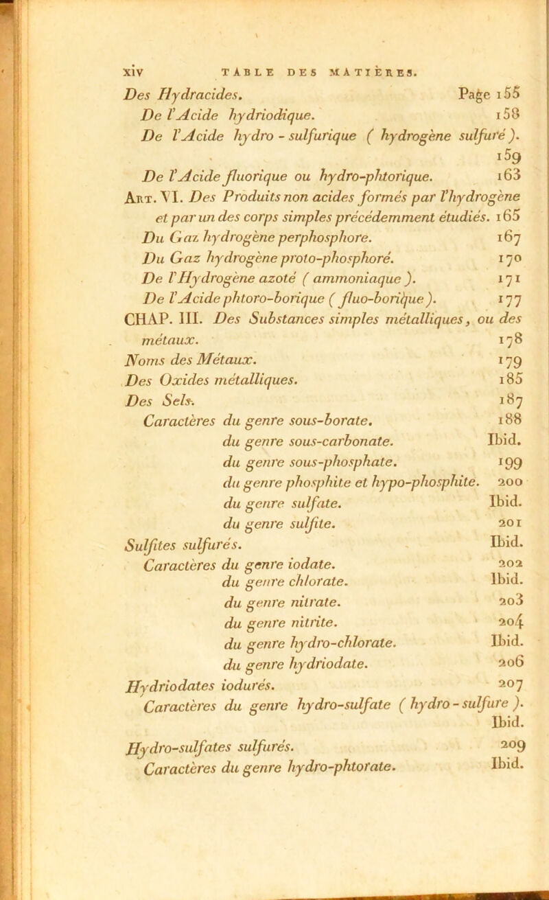 Des Hydracides. Page i55 De VAcide hydriodique. i58 De VAcide liydro - sulfurique ( hydrogène sulfuré ). 159 De VAcide fluorique ou hydro-phtorique. i63 Art. \ I. Des Produits non acides formés par l’hydrogène et par un des corps simples précédemment étudiés. 165 Du Gaz hydrogène perphosphore. 167 Du Gaz hydrogèneproto-phosphoré. 170 De T Hydrogène azoté ( ammoniaque). 171 De l’Acidephtoro-borique ( f/uo-boriijue). 177 CHAP. III. Des Substances simples métalliques, ou des métaux. 178 Noms des Métaux. 179 Des Oxides métalliques. i85 Des Sels-. 187 Caractères du genre sous-borate. 188 du genre sous-carbonate. Ibid. du genre sous-phosphate. 199 du genre phosphit.e et hypo-phosphite. 200 du genre sulfate. Ibid. du genre sulfite. 201 Sulfites sulfurés. Ibid. Caractères du genre iodate. 202 du genre chlorate. Ibid. du genre nitrate. 2o3 du genre nitrite. 204 du genre hydro-chlorate. Ibid. du genre hydriodate. 206 Hrdriodates iodurés. 20 7 Caractères du genre hydro-sulfate ( hydro- sulfure ). Ibid. Hydro-sulfates sulfurés. 209 Caractères du genre hydro-phtorate. Ibid.