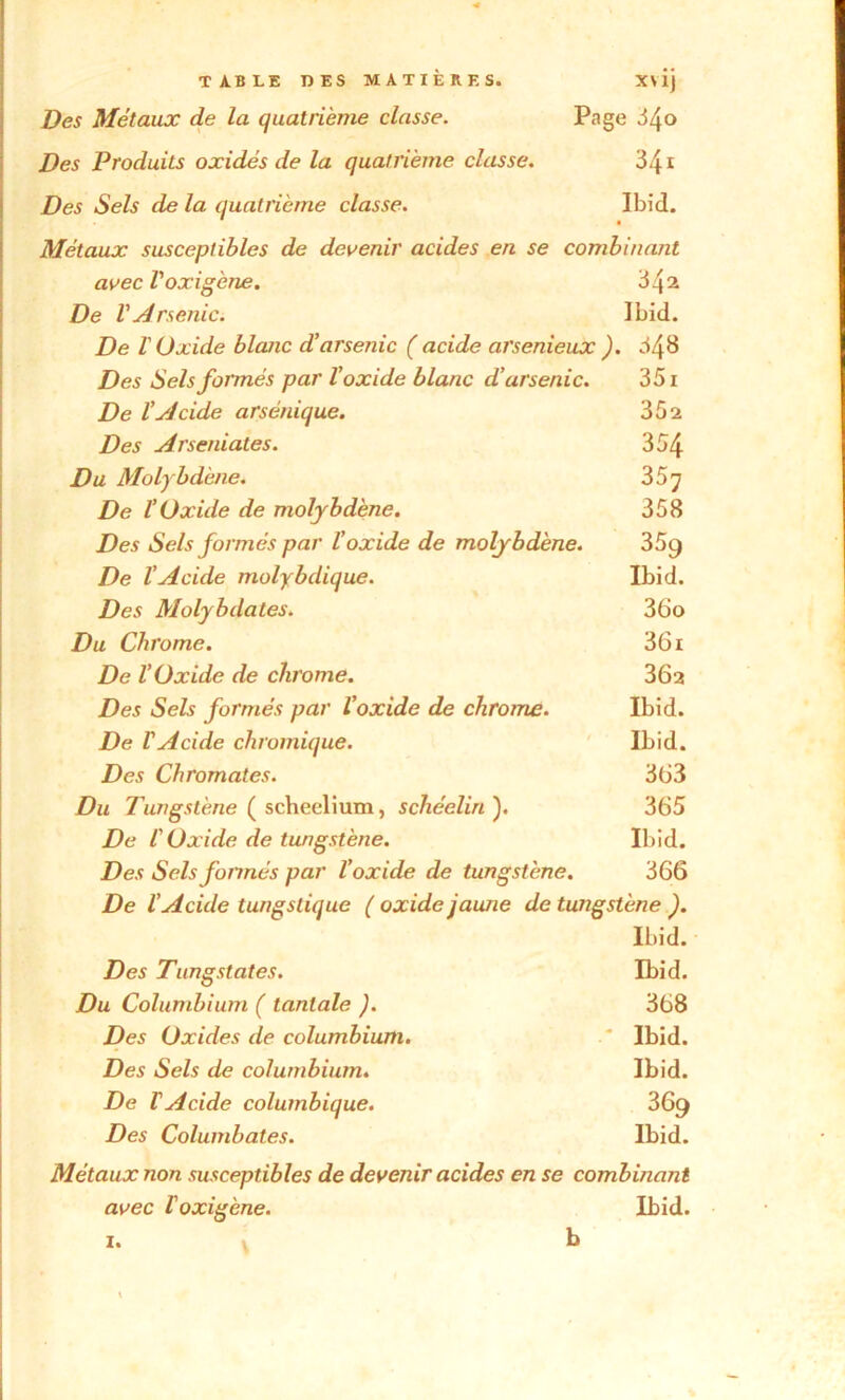 Des Métaux de la quatrième classe. Page 6^0 Des Produits oxides de la quatrième classe. 341 Des Sels de la quatrième classe. Ibid. Métaux susceptibles de devenir acides en se combinant avec l'oxigène. 342 De l'Arsenic. Ibid. De l'Oxide blanc d’arsenic (acide arsenieux ). 348 Des Sels formés par l’oxide blanc d’arsenic. 351 De l’Acide arsénique. 352 Des Arset dates. 354 Du Molybdène. 357 De l’Oxide de molybdène. 358 Des Sels formés par l’oxide de molybdène. 35g De l'Acide molybdique. Ibid. Des Molybdates. 36o Du Chrome. 361 De l’Oxide de chrome. 36a Des Sels formés par l’oxide de chrome. Ibid. De l'Acide chromique. Ibid. Des Chromâtes. 363 Du Tungstène ( scheelium, schéelin ). 365 De l'Oxide de tungstène. Ibid. Des Sels formés par l’oxide de tungstène. 366 De l’Acide tungstique ( oxide jaune de tungstène ). Ibid. Des Tungstates. Ibid. Du Columbium ( tantale ). 368 Des Oxides de columbium. ‘ Ibid. Des Sels de columbium. Ibid. De l'Acide columbique. 369 Des Columbates. Ibid. Métaux non susceptibles de devenir acides en se combinant avec l'oxigène. Ibid.