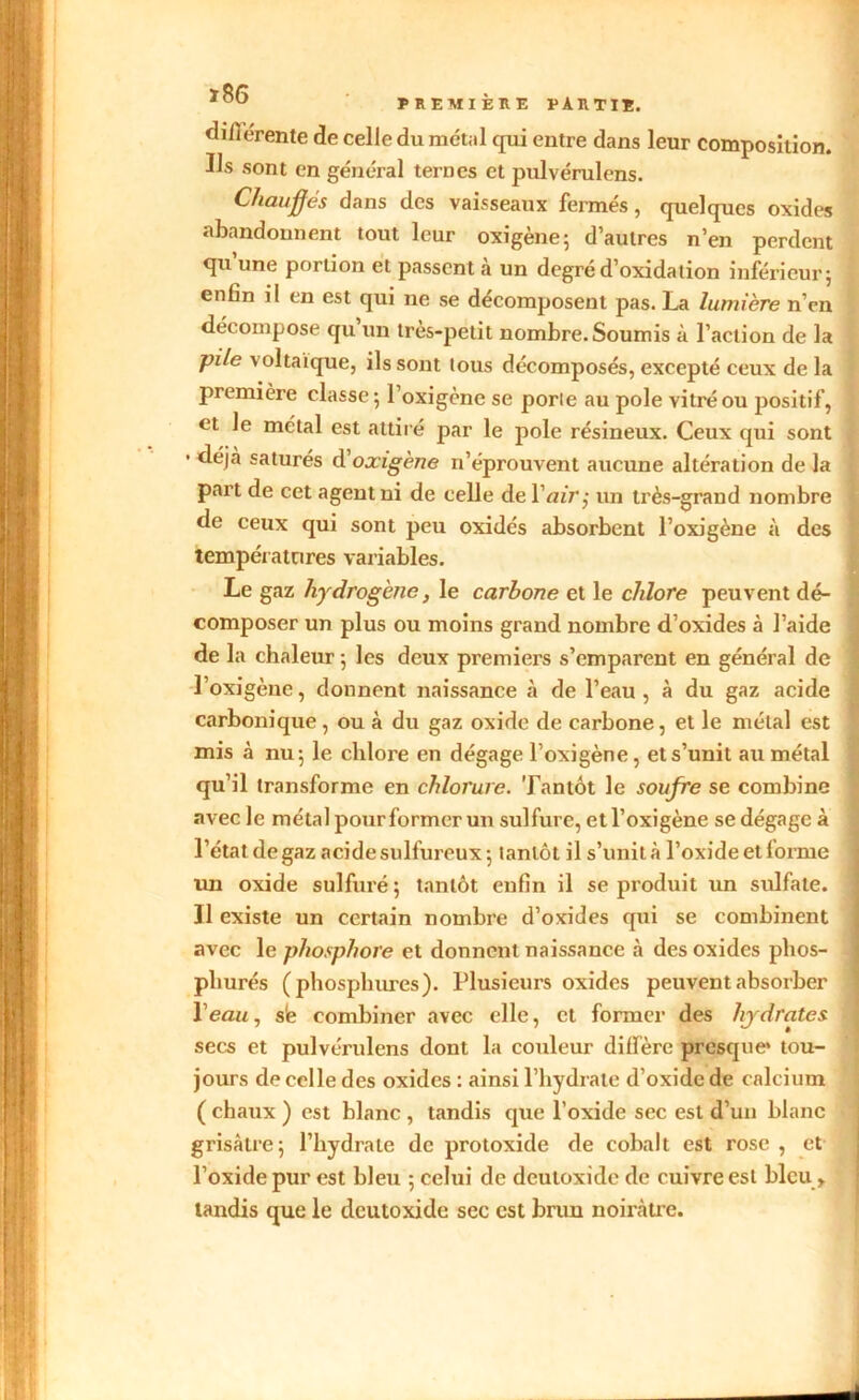 différente de celle du métal qui entre dans leur composition. Ils sont en général ternes et pulvérulens. Chauffés dans des vaisseaux fermés, quelques oxides abandonnent tout leur oxigène; d’autres n’en perdent qu’une portion et passent à un degré d’oxidation inférieur; enfin il en est qui ne se décomposent pas. La lumière n’en décompose qu’un très-petit nombre.Soumis à l’action de la pile voltaïque, ils sont tous décomposés, excepté ceux de la première classe; l’oxigcne se porte au pôle vitré ou positif, et le métal est attiré par le pôle résineux. Ceux qui sont • déjà saturés d'oxigène n’éprouvent aucune altération de la part de cet agent ni de celle de l’air,- un très-grand nombre de ceux qui sont peu oxidés absorbent l’oxigène à des températnres variables. Le gaz hydrogène, le carbone et le chlore peuvent dé- composer un plus ou moins grand nombre d’oxides à l’aide de la chaleur ; les deux premiers s’emparent en général de l’oxigène, donnent naissance à de l’eau, à du gaz acide carbonique , ou à du gaz oxide de carbone, et le métal est mis à nu; le chlore en dégage l’oxigène, ets’unit au métal qu’il transforme en chlorure. Tantôt le soufre se combine avec le métal pour former un sulfure, etl’oxigène se dégage à l’état de gaz acide sulfureux; tantôt il s’unit à l’oxide et forme tin oxide sulfuré; tantôt enfin il se produit un sulfate. Il existe un certain nombre d’oxides qui se combinent avec le phosphore et donnent naissance à des oxides phos- pliurés (phospbures). Plusieurs oxides peuvent absorber l'eau, s'e combiner avec elle, et former des hydrates secs et pulvérulens dont la couleur diffère presque* tou- jours de celle des oxides : ainsi l’hydrate d’oxide de calcium ( chaux ) est blanc , tandis que l’oxide sec est d’un blanc grisâtre; l’hydrate de protoxide de cobalt est rose , et l’oxide pur est bleu ; celui de deutoxide de cuivre est bleu, tandis que le deutoxide sec est brun noirâtre.