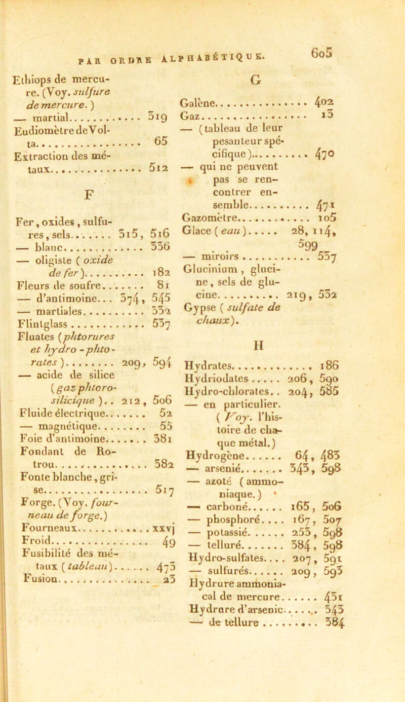 PAR ORBKE ALPHABÉTIQUE. Elliiops de mercu- re. (Voy. sulfure de mercure. ) — martial Eudiomètre deY ol- ta Extraction des mé- taux F Fer, oxides, sulfu- res , sels. — blanc — oligiste ( oxide de fer ) Fleurs de soufre. . . — d’antimoine... — martiales Flinlglass Fluates (phtorures et hjdro - phto - rates ) — acide de silice {gaz phtcro- silicicjue ).. Fluide électrique... — magnétique. . . . Foie d’antimoine... Fondant de Ro- trou. ...» Fonte blanche, gri- se Forge. (Yoy. four- neau de forge.) Fourneaux Froid Fusibilité des mé- taux ( tableau). Fusion G oin Galène Gaz*.. «. ■ ... i5 .... 65 — (tableau de leur pesanteur spé- .... 470 cifique ) — qui ne peuvent , pas se ren- contrer en- semble .... 471 Gazomètre 5i5, 5i6 Glace ( eau ) 28,114* .... 556 599 — miroirs Glucinium , gluci- .... 81 ne, sels de glu- 219, 55a 574, 545 CIQ6. ■•«•••••• Gypse ( sulfate de .... 537 chaux). H 209, 5g{ 212, 5o6 .... Ô2 .... 55 .... 38i 582 517 .. . xxvj . .. 49 ... 4;5 ... a3 Hydrates 186 Hydriodates 206, 5go Hydro-chlorates.. 204, 585 — en particulier. ( J~oj. l’his- toire de cha- que métal.) Hydrogène 64, 4^5 — arsénié 345, 5g8 — azoté ( ammo- niaque. ) * — carboné i65 , 5o6 — phosphoré. ... 167, 5oj — potassié 255, 598 — telluré 584 * 5g8 Hydro-sulfates... . 207 , 5gt — sulfurés 209, 5^3 Hydrure ammonia- cal de mercure 45* Hydrure d’arsenic 543 — de tellure 384