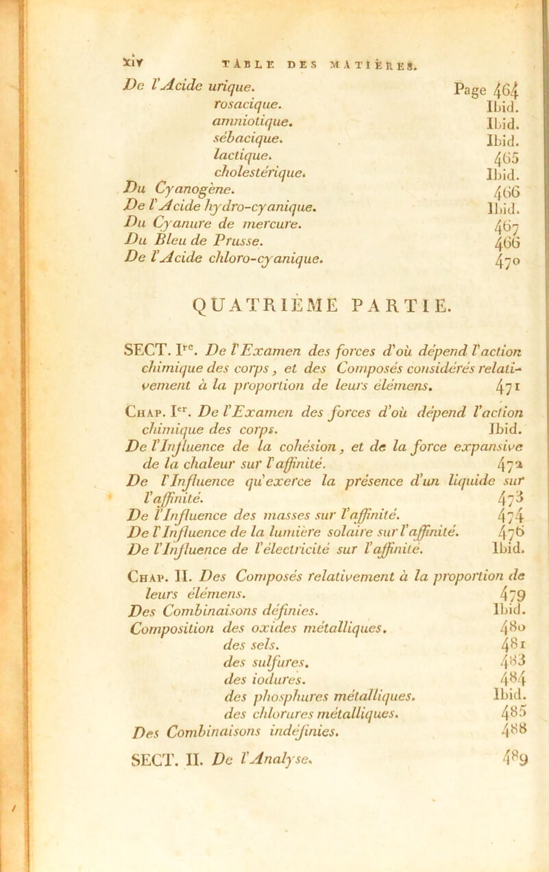 De l'Acide urique. Page rosacique. Ibid. amniotique. Ibid. sébacique. Ibid. lactique. ^(35 cholestérique. Ibid. Du Cyanogène. De l'Acide hydro-cyanique. Ibid. Du Cyanure de mercure. Du Bleu de Prusse. ^(3(3 De l'Acide chloro-cyanique. 4-0 QUATRIEME PARTIE. SECT. Irc. De V Examen des forces d'où dépend T action chimique des corps, et des Composés considérés relatif vement à la proportion de leurs élémens. 471 Ch ap. Ier. De VExamen des forces d’où dépend l’action chimique des corps. Ibid. De VInfluence de la cohésion, et de la force expansive de la chaleur sur Iaffinité. De T Influence qu’exerce la présence d’un liquide sur l’affinité. 4/^ De VInfluence des masses sur l’affinité. 4/4 De VInfluence de la lumière solaire suri'affinité. l\~t> De T Influence de l’électricité sur X affinité. Ibid. Chav. II. Des Composés relativement à la proportion de leurs élémens. Des Combinaisons définies. Composition des oxides métalliques. des sels, des sulfures, des ioduTes. des phosphores métalliques, des chlorures métalliques. Des Combinaisons indéfinies. 479 Ibid. 4<So 48i 483 484 Ibid. 485 488 SECT. II. De l'Analyse. 4*9