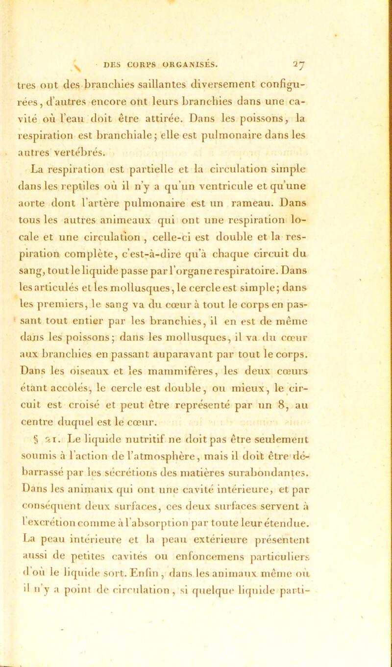 A très ont des branchies saillantes diversement configu- rées, d’autres encore ont leurs branchies dans une ca- vité où l’eau doit être attirée. Dans les poissons, la respiration est branchiale; elle est pulmonaire dans les autres vertébrés. La respiration est partielle et la circulation simple dans les reptiles où il n’y a qu’un ventricule et qu’une aorte dont l’artère pulmonaire est un rameau. Dans tous les autres animeaux qui ont une respiration lo- cale et une circulation , celle-ci est double et la res- piration complète, c’est-à-dire qu’à chaque circuit du sang, tout le liquide passe par l’organe respiratoire. Dans les articulés elles mollusques, le cercle est simple; dans les premiers, le sang va du cœur à tout le corps en pas- sant tout entier par les branchies, il en est de même dans les poissons; dans les mollusques, il va du cœur aux branchies en passant auparavant par tout le corps. Dans les oiseaux et les mammifères, les deux cœurs étant accolés, le cercle est double, ou mieux, le cir- cuit est croisé et peut être représenté par un 8, au centre duquel est le cœur. § si. Le liquide nutritif ne doit pas être seulement soumis à l’action de l’atmosphère, mais il doit être dé- barrassé par les sécrétions des matières surabondantes. Dans les animaux qui ont une cavité intérieure, et par conséquent deux surfaces, ces deux surfaces servent à 1 excrétion comme à l’absorption par toute leur étendue. La peau intérieure et la peau extérieure présentent aussi de petites cavités ou enfoncemens particuliers d où le liquide sort. Enfin , dans les animaux même où il n’y a point de circulation , si quelque liquide parti-