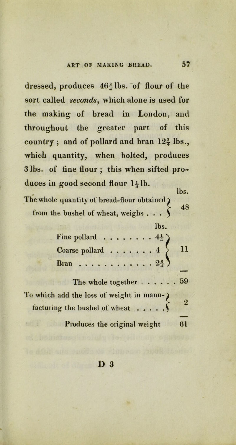 dressed, produces 46Jlbs. of flour of the sort called seconds, which alone is used for the making of bread in London, and throughout the greater part of this country ; and of pollard and bran 12 J lbs., which quantity, when bolted, produces 3 lbs. of fine flour ; this when sifted pro- duces in good second flour l|lb. lbs. The whole quantity of bread-flour obtained from the bushel of wheat, weighs . . . lbs. Fine pollard 4^ } Coarse pollard 4 > H Bran 2•£ ; The whole together 59 To which add the loss of weight in manu- facturing the bushel of wheat Produces the original weight 61