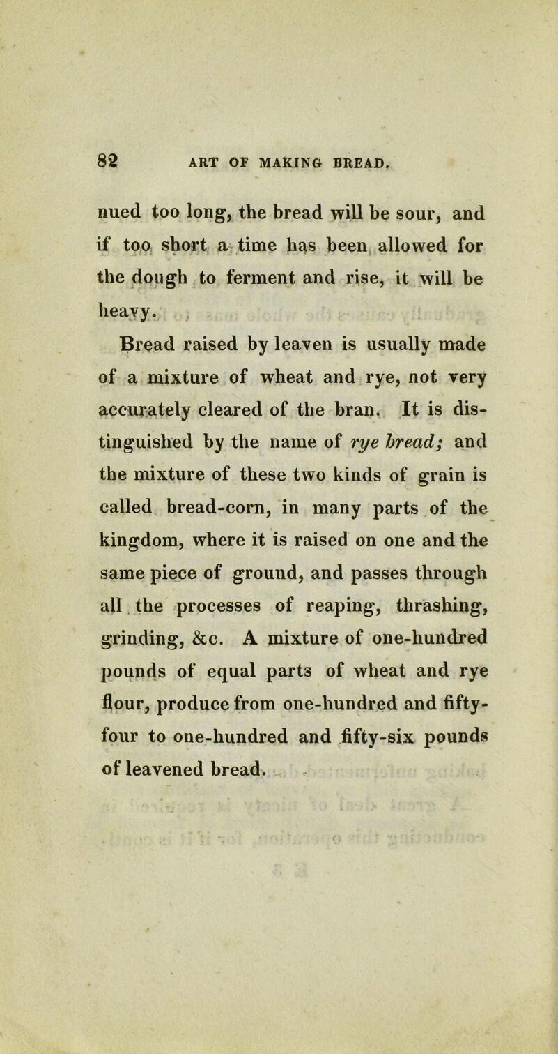 nued too long, the bread will be sour, and if too short a time has been allowed for the dough to ferment and rise, it will be heavy. Bread raised by leaven is usually made of a mixture of wheat and rye, not very accurately cleared of the bran. It is dis- tinguished by the name of rye bread; and the mixture of these two kinds of grain is called bread-corn, in many parts of the kingdom, where it is raised on one and the same piece of ground, and passes through all the processes of reaping, thrashing, grinding, &c. A mixture of one-hundred pounds of equal parts of wheat and rye flour, produce from one-liundred and fifty- four to one-hundred and fifty-six pounds of leavened bread.