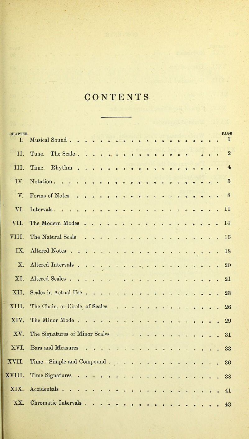 CONTENTS CHAPTER PACH5 I. Musical Sound c • t >«>>>>• • 1 II. Tune. The Scale ... 2 III. Time. Rhythm 4 IV. Notation c >.>••• . 5 Y. Forms of Notes 8 YI. Intervals ...... 0 .... 11 VII. The Modern Modes 14 VIII. The Natural Scale .................. 16 IX. Altered Notes 18 X. Altered Intervals 20 XI. Altered Scales 21 XII. Scales in Actual Use . 23 XIII. The Chain, or Circle, of Scales 26 XIV. The Minor Mode 29 XV. The Signatures of Minor Scales 31 XVI. Bars and Measures 33 XVII. Time—Simple and Compound 36 XVIII. Time Signatures XIX. Accidentals XX. Chromatic Intervals . .....43