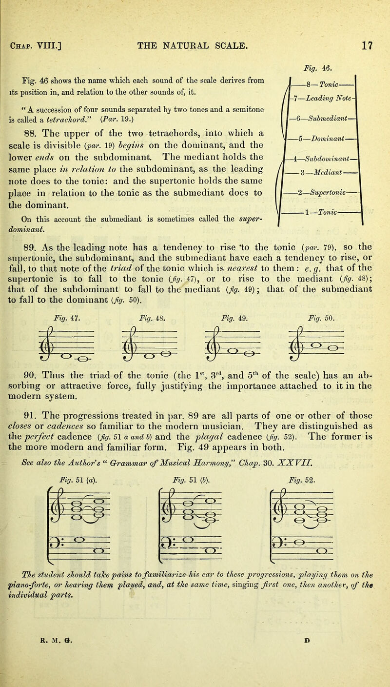 Fig. 46 shows the name which each sound of the scale derives from its position in, and relation to the other sounds of, it. “ A succession of four sounds separated by two tones and a semitone is called a tetracliord.” (Par. 19.) 88. The upper of the two tetrachords, into which a scale is divisible (par. 19) begins on the dominant, and the lower ends on the subdominant. The mediant holds the same place in relation to the subdominant, as the leading note does to the tonic: and the supertonic holds the same place in relation to the tonic as the submediant does to the dominant. On this account the submediant is sometimes called the super- dominant. Fig. 46. —8—Tonic J-7—Leading Note- I—6—Submediant— j 5—Dominant- -4—Subdominant— -3—Mediant— -2—Supertonic- — 1—Tonic 89. As the leading note has a tendency to rise 'to the tonic (par. 79), so the supertonic, the subdominant, and the submediant have each a tendency to rise, or fall, to that note of the triad of the tonic which is nearest to them : e.g. that of the supertonic is to fall to the tonic (fig. 47), or to rise to the mediant (fig. 48); that of the subdominant to fall to the mediant (fig. 49); that of the submediant to fall to the dominant (fig. 50). Fig. 47. Fig. 48. Fig. 49. Fig. 50. 90. Thus the triad of the tonic (the 1st, 3rd, and 5th of the scale) has an ab- sorbing or attractive force, fully justifying the importance attached to it in the modern system. 91. The progressions treated in par. 89 are all parts of one or other of those closes or cadences so familiar to the modern musician. They are distinguished as the perfect cadence (fig. 51 a and b) and the plagal cadence (fig. 52). The former is the more modern and familiar form. Fig. 49 appears in both. See also the Author's “ Grammar of Musical Harmony, Chap. 30. XXVII. Fig. 51 (a). r 9 V Rf-°- - nr- V Fig. 52. The student should talce pains to familiarize his ear to these progressions, playing them on the pianoforte, or hearing them played, and, at the same time, singing first one, then another, of the individual parts. r. m. a. »