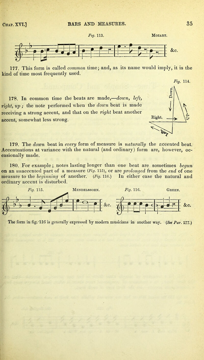 Fig. 113. Mozart. 177. This form is called common time; and, as its name would imply, it is the kind of time most frequently used. 178. In common time the beats are made,—down, left, right, up ; the note performed when the doiun beat is made receiving a strong accent, and that on the right beat another accent, somewhat less strong. Fig. 114. 179. The doiun beat in every form of measure is naturally the accented beat. Accentuations at variance with the natural (and ordinary) form are, however, oc- casionally made. 180. For example; notes lasting longer than one beat are sometimes begun on an imaccented part of a measure (Fig. 115), or are prolonged from the end of one measure to the beginning of another. (Fig. 116.) In either case the natural and ordinary accent is disturbed. Fig. 115. Mendelssohn. -©r &c. Fig. 116. Green. —j H r t? *» *-•-6 f- 4—- &C. The form in fig. 116 is generally expressed by modern musicians in another way. (See Par. 277.)