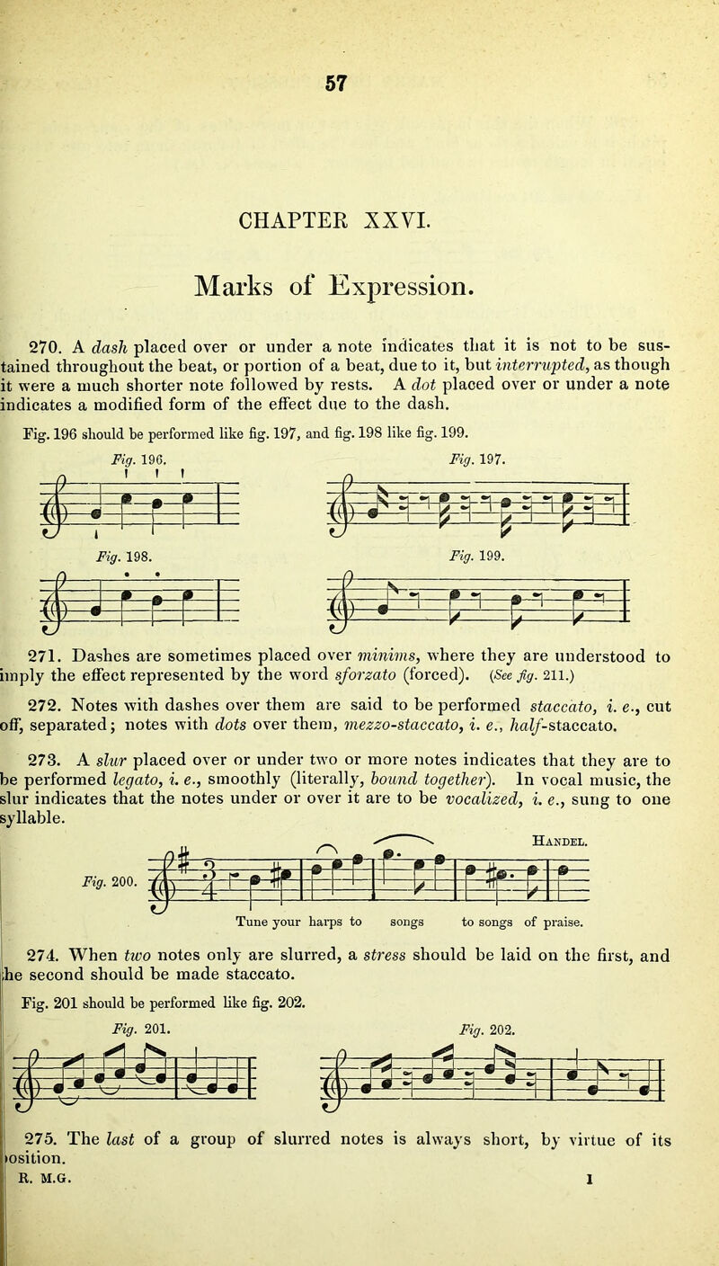 CHAPTER XXVI. Marks of Expression. 270. A dash placed over or under a note indicates that it is not to be sus- tained throughout the beat, or portion of a beat, due to it, but interrupted, as though it were a much shorter note followed by rests. A dot placed over or under a note indicates a modified form of the effect due to the dash. Fig. 196 should be performed like fig. 197, and fig. 198 like fig. 199. Fig. 196. 271. Dashes are sometimes placed < imply the effect represented by the won Fig. 197. er minims, where they are understood to sforzato (forced). (See fig. 211.) 272. Notes with dashes over them are said to be performed staccato, i. e., cut off, separated; notes with dots over them, mezzo-staccato, i. e., half-staccato. 273. A slur placed over or under two or more notes indicates that they are to be performed legato, i. e., smoothly (literally, bound together). In vocal music, the slur indicates that the notes under or over it are to be vocalized, i. e., sung to one syllable. Fig. 200. 4 r\ -2: fj ip® £ Handel. Tune your harps to songs to songs of praise. 274. When two notes only are slurred, a stress should be laid on the first, and ;he second should be made staccato. Fig. 201 should be performed like fig. 202. Fig. 201. Fig. 202. tH-tt rr M «i J » i ® 44 4—«- • ..rl ^ - A J...T 1 w w— fj 275. The last of a group of slurred notes is always short, by virtue of its •osition. | R. M.G. 1