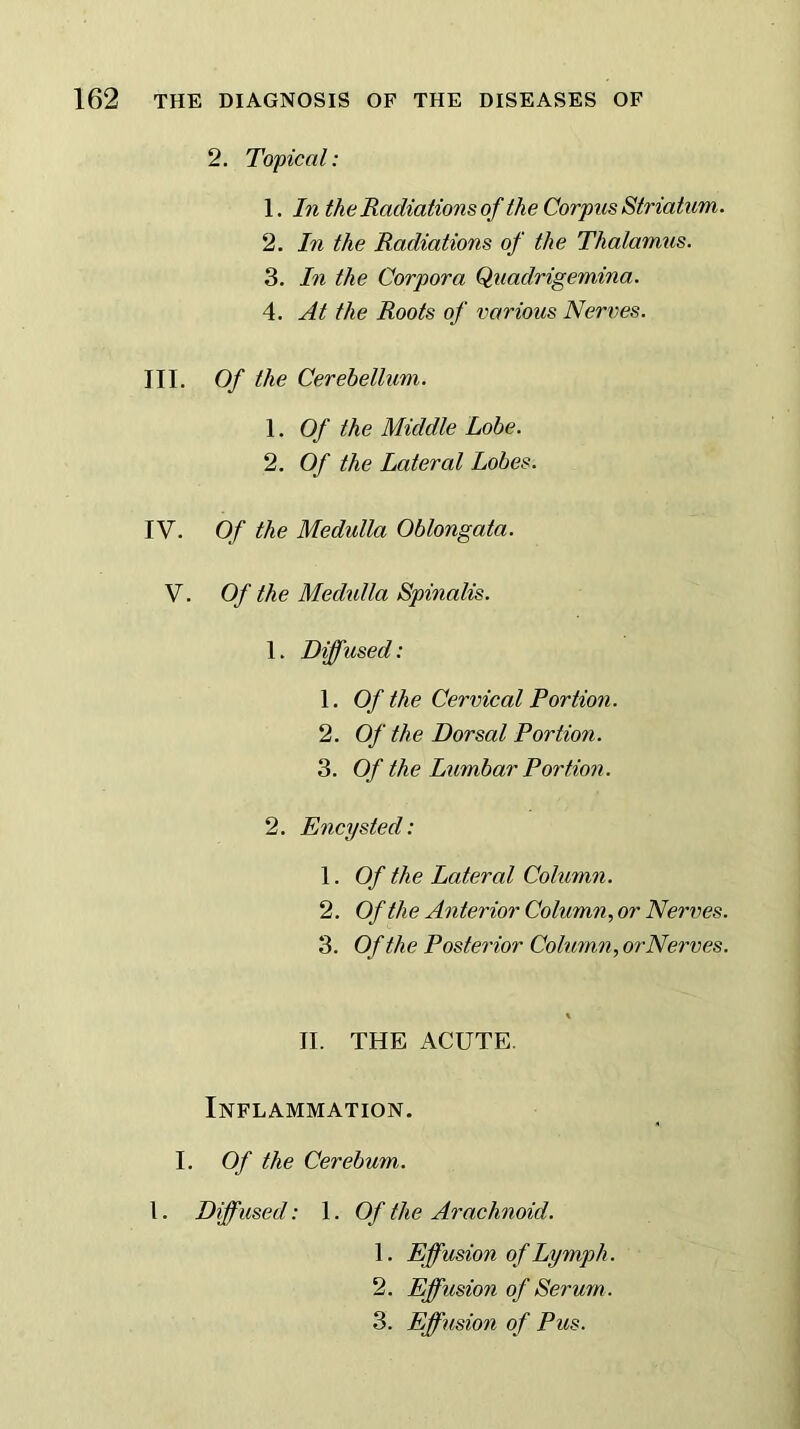 2. Topical: 1. In the Radiations of the Corpus Striatum. 2. In the Radiations of the Thalamus. 3. In the Corpora Quadrigemina. 4. At the Roots of various Nerves. III. Of the Cerebellum. 1. Of the Middle Lobe. 2. Of the Lateral Lobes. IV. Of the Medulla Oblongata. V. Of the Medulla Spinalis. 1. Diffused: 1. Of the Cervical Portion. 2. Of the Dorsal Portion. 3. Of the Lumbar Portion. 2. Encysted: 1. Of the Lateral Column. 2. Of the Anterior Column, or Nerves. 3. Of the Posterior Column, orNerves. II. THE ACUTE. Inflammation. I. Of the Cerebum. 1. Diffused: 1. Of the Arachnoid. 1. Effusion of Lymph. 2. Effusion of Serum. 3. Effusion of Pics.