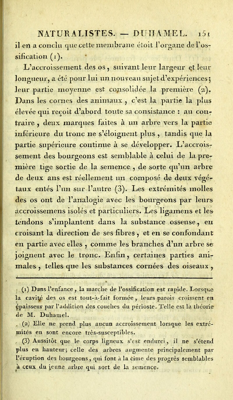 il en a conclu que cette membrane étoit l’organe de l’os- sification (i). L’accroissement des os , suivant leur largeur et leur longueur, a été pour lui un nouveau sujet d’expériences ] leur partie moyenne est consolidée la première (2). Dans les cornes des animaux , c’est la partie la plus élevée qui reçoit d’abord toute sa consistance : au con- traire , deux marques laites à un arbre vers la partie inférieure du tronc ne s’éloignent plus , tandis que la partie supérieure continue à se développer. L’accrois- sement des bourgeons est semblable à celui de la pre- mière tige sortie de la semence , de sorte qu’un arbre de deux ans est réellement un composé de deux végé- taux entés l’un sur l’autre (3). Les extrémités molles des os ont de l’analogie avec les bourgeons par leurs accroissemens isolés et particuliers. Les ligamens et les tendons s’implantent dans la substance osseuse, en croisant la direction de ses libres , et en se confondant en partie avec elles , comme les branches d’un arbre se joignent avec le tronc. Enfin, certaines parties ani- males , telles que les substances cornées des oiseaux , (1) Dans l’enfance r la marche tle l’ossificatioir est rapide. Lorsque la cavi^p des os est tout-à-fait formée , leurs parois croissent en épaisseur par l’addition des couches du périoste. Telle est la théorie de M. Duhamel. . (2) Elle 11e prend plus aucun accroissement lorsque les extré- mités en sont encore très-susceptibles. (3) Aussitôt que le corps ligneux s’est endurci, il ne s’étend plus en hauteur; celle des arbres augmente principalement par l’éruption des bourgeons, qui font à la cime des progrès semblables a. ceux du ieune arbre qui sort de la semence.