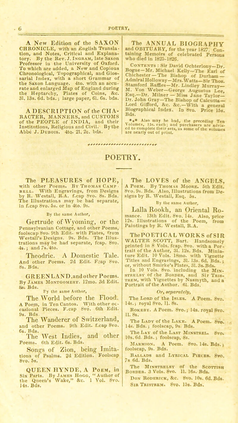 A New Edition of the SAXON CHRONICLE, with an English Transla- tion, and Notes, Critical and Explana- tory. By the Rev. J. Ingram, late Saxon Professor in the University of Oxford. To which are added, a New and Copious Chronological, Topographical, and Glos- sarial Index, with a short Grammar of the Saxon Language. 4to. with an accu- rate and enlarged Map of England during the Heptarchy, Plates of Coins, &c. 31. 13s. 6d. bds.; large paper, 61. Cs. bds. A DESORIPTION of the CHA- RACTER, MANNERS, and CUSTOMS of the PEOPLE of INDIA, and their Institutions, Religious and Civil. By the Abbe J. Dubois. 4to. 21. 2e. bds. The ANNUAL, BIOGRAPHY and OBITUARY, for the year 1627. Con- taining Memoirs of celebrated Persona who died in 1825-1826. Contexts : Sir David Ochterlony—Dr. Bogue—Mr. Michael Kelly—The Earl of Chichester —The Bishop of Durham — Admiral Holloway—Mrs. Watts—Sir Thos. Stamford Raffles—Mr. Lindley Murray M. Von Weber—George Augustus Lee, Esq.—Dr. Milner — Miss Jane Taylor— Dr. John Gray—The Bishop of Calcutta— Lord Gifford, &c. &c.—With a general Biographical Index. In 8vo. Price 15s. Bds. *»* Also may he had, the precedine Ten Volumes, 15s. each; and purchasers are~adris- cd to complete their sets, as some of the relumes are nearJy out ol print. POETRY. The PLEASURES of HOPE, with other Poems. By Thomas Camp bell. With Engravings, from Designs by R. Westall, R.A. f.cap 8vo. 8s. Bds. The Illustrations may be had separate, in f.cap 8vo. 5s. or in 4to. 9s. By the same Author, Gertrude of Wyoming, or the Pennsylvanian Cottage, and other Poems, foolscap 8vo. 9th Edit, with Plates, from Westall’s Designs. 9s. Bds. The Illus- trations may be had separate, fcap. 8vo. 4s. j and7s.4to. Theodric. A Domestic Tale. And other Poems. 2d Edit. Fcap 8vo. 8s. Bds. GREEN LAND,and other Poems. By James Montgomery. 12mo. 3d Edit. 8s; Bds. By the same Author, The World before the Flood. A Poem, in Ten Cantos. With other oc- casional Pieces. F.cap 8vo. 6th Edit. 9s. Bds The Wanderer of Switzerland, and other Poems. 9th Edit, f.cap 8vo. Cs. Bds. The West Indies, and other Poems. 6th Edit. 6s. Bds. Songs of Zion, being Imita- tions of Psalms. 2d Edition. Foolscap 8vo. 5s, QUEEN I1YNDE, A Poem, in Six Parts. By James Hogg, “Author of the Queen’s Wake,” &c. 1 Vol. 8vo. J4s. Bds, The LOVES of the ANGELS, A Poem. By Thomas Moore. 5th Edit. 8vo. 9s. Bds. Also, Illustrations from De- signs by R. Westall, Esq. 5s. By the same Author, Lalla Rookh, an Oriental Ro- mance. 13th Edit. 8vo. 14s. Also, price 12s. Illustrations of the Poem, from Paintings by R. Westall, R.A. ThePOETICAL WORKS of SIR WALTER SCOTT, Bart. Handsomely printed in 8 Vols. fcap. 8vo. with a Por- trait of the Author, 31. 12s. Bds. Minia- ture Edit. 10 Vols. 18mo. with Vignette Titles and Engravings, 31. 13s. 6d. Bds.; or, without Smirke’sPlates, 31.3s.Bds. In 10 Vols. 8vo. including the Min- strelsy of the Border, aud Sir Tris- trem, with Vignettes by Nasmyth, and a Portrait of the Author. 01. Bds. Or, separately, The Lord of the Isles. A Poem. 8vo. 14s.; royal 8vo, 11. 8s. Rokeby. A Poem. 8vo.; 14s. royal 8vo. 11. 8s. The Lady of the Lake. A Poem. Svo. 14s. Bds.; foolscap, 9s- Bds. The Lay of the Last Minstrel. Svo. 10s. 6d. Bds.; foolscap, 8s. Marmion. A Poem. Svo. 14s. Bds.: foolscap, 9s. Bds. Ballads and Lyrical Pieces. 8vo. 7s 6d. Bds. The Minstrelsy of the Scottish Border. 3 Vols. 8vo. 11. 16s. Bds. Don Roderick, See. 8vo. 10s. 6d.Bd6. Sir Tristrem. Svo. 15s. Bds.