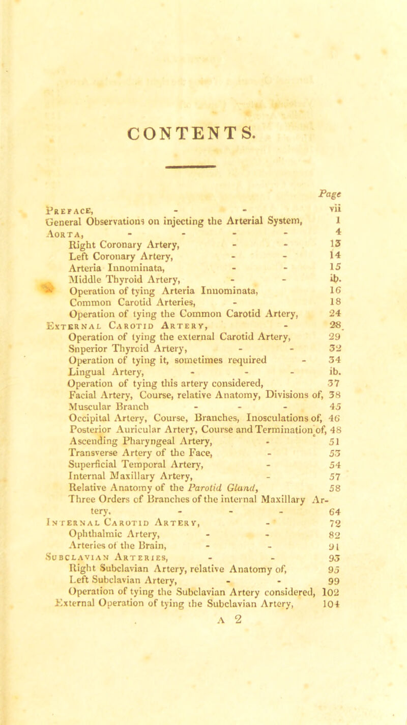 CONTENTS. Page Preface, - - vii General Observations on injecting the Arterial System, 1 Aorta, .... 4 Right Coronary Artery, 13 Left Coronary Artery, - - 14 Arteria Innominata, - - 15 Middle Thyroid Artery, - - U?- “ Operation of tying Arteria Innominata, 16 Common Carotid Arteries, - 18 Operation of tying the Common Carotid Artery, 24 External Carotid Artery, - 28 Operation of tying the external Carotid Artery, 29 Superior Thyroid Artery, - 32 Operation of tying it, sometimes required - 34 Lingual Artery, - - - ib. Operation of tying this artery considered, 37 Facial Artery, Course, relative Anatomy, Divisions of, 38 Muscular Branch 45 Occipital Artery, Course, Branches, Inosculations of 46 Posterior Auricular Artery, Course andTermination^of, 48 Ascending Pharyngeal Artery, - 51 Transverse Artery of the Face, - 53 Superficial Temporal Artery, - 54 Internal Maxillary Artery, - 57 Relative Anatomy of the Parotid Gland, 58 Three Orders of Branches of the internal Maxillary Ar- tery’, ... 64 Internal Carotid Artery, - 72 Ophthalmic Artery, - - 82 Arteries of the Brain, - - at Subclavian Arteries, - - 95 Right Subclavian Artery, relative Anatomy of, 95 Left Subclavian Artery, - - 99 Operation of tying the Subclavian Artery considered, 102 External Operation of tying the Subclavian Artery, 104 A 2