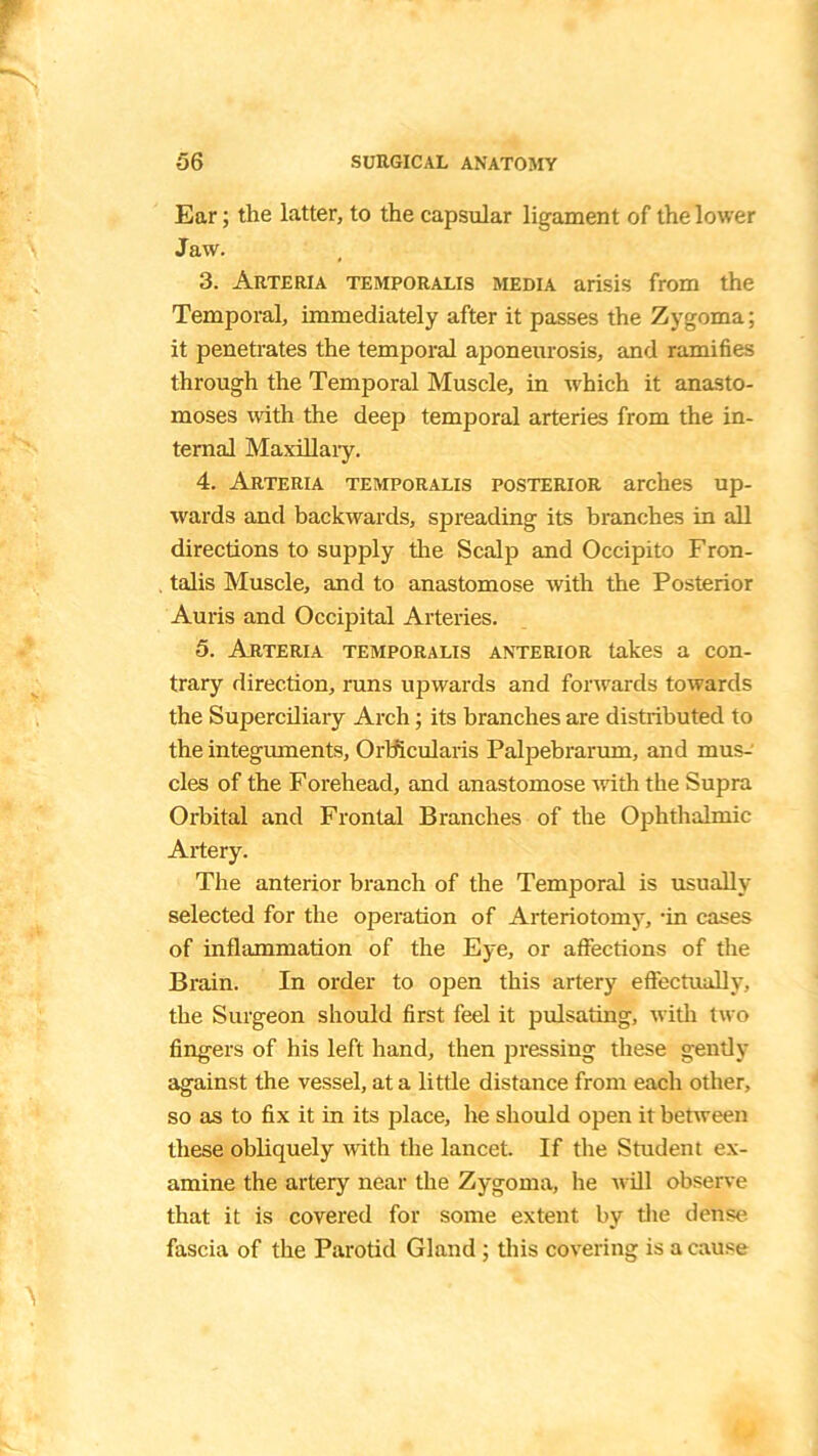 Ear; the latter, to the capsular ligament of the lower Jaw. 3. Arteria temporalis media arisis from the Temporal, immediately after it passes the Zygoma; it penetrates the temporal aponeurosis, and ramifies through the Temporal Muscle, in which it anasto- moses with the deep temporal arteries from the in- ternal Maxillary. 4. Arteria temporalis posterior arches up- wards and backwards, spreading its branches in all directions to supply tire Scalp and Occipito Fron- talis Muscle, and to anastomose with the Posterior Auris and Occipital Arteries. 5. Arteria temporalis anterior takes a con- trary direction, runs upwards and forwards towards the Superciliary Arch; its branches are distributed to the integuments, Orbicularis Palpebrarum, and mus- cles of the Forehead, and anastomose with the Supra Orbital and Frontal Branches of the Ophthalmic Artery. The anterior branch of the Temporal is usually selected for the operation of Arteriotomy, 'in cases of inflammation of the Eye, or affections of the Brain. In order to open this artery effectually, the Surgeon should first feel it pulsating, with two fingers of his left hand, then pressing these gently against the vessel, at a little distance from each other, so as to fix it in its place, he should open it between these obliquely with the lancet. If the Student ex- amine the artery near the Zygoma, he will observe that it is covered for some extent by the dense fascia of the Parotid Gland ; this covering is a cause