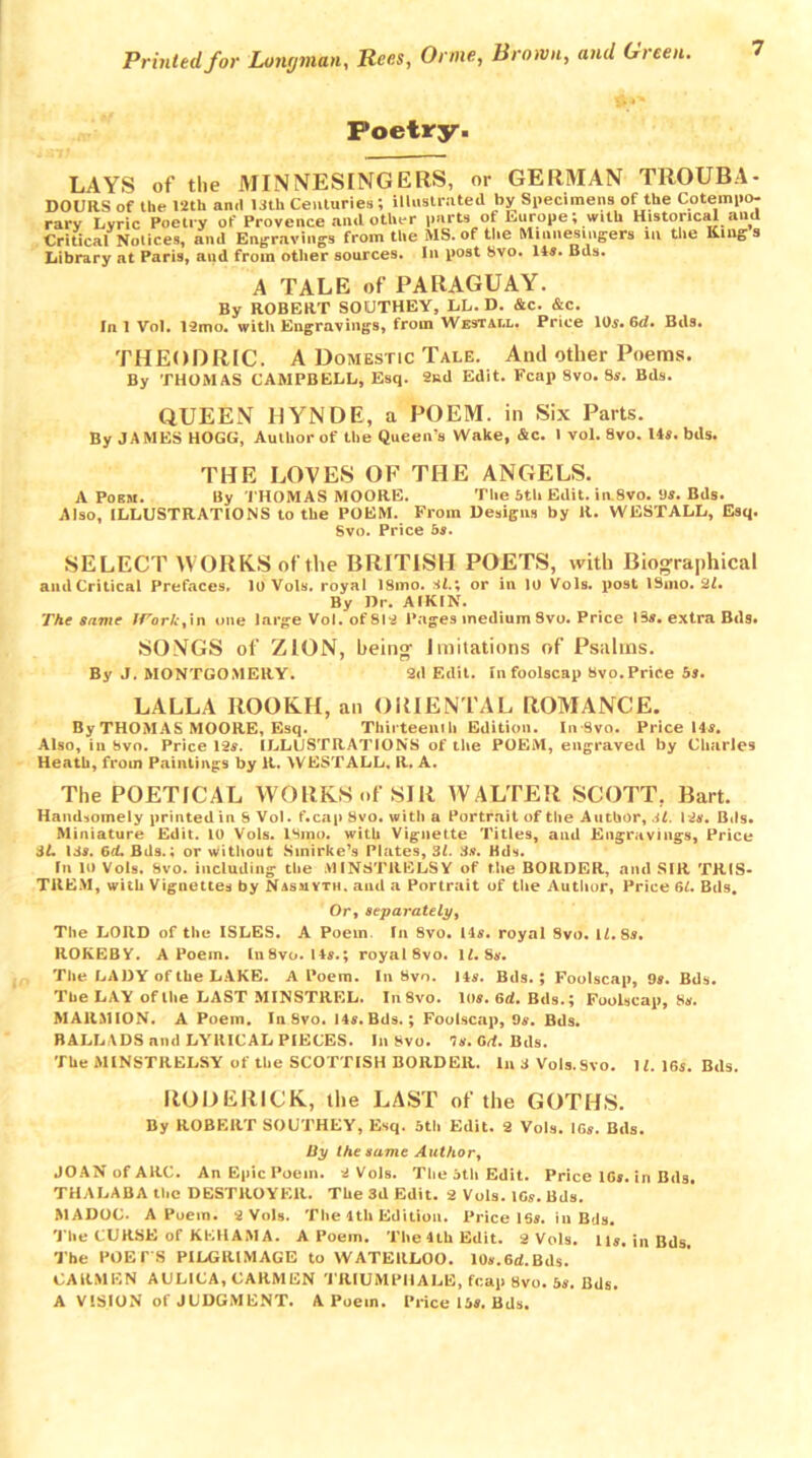 Poetry. 7 LAYS of the MINNESINGERS, or GERMAN TROUBA- DOURS of the 12th and ldth Centuries; illustrated by Specimens of the Cotempo- rary Lyric Poetry of Provence and other parts ot Europe; with Historical and Critical Notices, and Engravings from the MS. of the Minnesingers in the Kmg s Library at Paris, and from other sources. In post Svo. 14s. Bds. A TALE of PARAGUAY. By ROBERT SOUTHEY, LL. D. &c. &c. In 1 Vol. 12mo. with Engravings, from Westall. Price 10s. 6d. Bds. THEODRIC. A Domestic Tale. And other Poems. By THOMAS CAMPBELL, Esq. 2nd Edit. Fcap 8vo. 8s. Bds. QUEEN HYNDE, a POEM, in Six Parts. By JAMES HOGG, Author of the Queen's Wake, &c. 1 vol. 8vo. 14s. bds. THE LOVES OF THE ANGELS. A Poem. By THOMAS MOORE. The 5th Edit. iiv8vo. Vs. Bds. Also, ILLUSTRATIONS to the POEM. From Designs by R. WESTALL, Esq. Svo. Price 5s. SELECT WORKS of the BRITISH POETS, with Biographical andCrilical Prefaces. 10 Vols. royal ISmo. si.; or in 10 Vols. post ISmo. 21. By Dr. AIKIN. The same Work,in one large Vol. of 812 Pages medium Svo. Price 13s. extra Bds. SONGS of ZION, being Imitations of Psalms. By J. MONTGOMERY. 2d Edit. In foolscap 8vo. Price 5s. LALLA ROOKH, an ORIENTAL ROMANCE. By THOMAS MOORE, Esq. Thirteenth Edition. In Svo. Price 14$. Also, in Svo. Price 12*. ILLUSTRATIONS of the POEM, engraved by Charles Heath, from Paintings by 11. WESTALL, R. A. The POETICAL WORKS of SIR WALTER SCOTT, Bart. Handsomely printed in S Vol. f.cap Svo. with a Portrait of the Author, 3l. 12*. Bds. Miniature Edit. 10 Vols. ISmo. with Vignette Titles, and Engravings, Price 32. 13s. 6cL Bds.; or without Sinirke’s Plates, 31. 3s. Hds. In 10 Vols. Svo. including the MINSTRELSY of the BORDER, and SIR TRIS- TREM, with Vignettes by Nasmyth, and a Portrait of the Author, Price 62. Bds. Or, separately, The LORD of the ISLES. A Poem In 8vo. 14*. royal Svo. 12.8*. ROKEBY. A Poem. ln8vo. 14*.; royal 8vo. 12.8*. The LADY of the LAKE. A Poem. In Svo. 14*. Bds.; Foolscap, 9*. Bds. The LAY of the LAST MINSTREL. In8vo. lo*. 6rf. Bds.; Foolscap, 8*. MARMION. A Poem. In Svo. 14*. Bds.; Foolscap, 9*. Bds. BALLADS and LYRICAL PIECES. In Svo. 7*. Gd. Bds. The MINSTRELSY of the SCOTTISH BORDER. In 3 Vols.Svo. 12. 16s. Bds. RODERICK, the LAST of the GOTHS. By ROBERT SOUTHEY, Esq. 5th Edit. 2 Vols. IGs. Bds. liy the same Author, JOAN of ARC. An Epic Poem. 2 Vols. The 5tli Edit. Price IGs. in Bds. THALABA the DESTROYER. The Sd Edit. 2 Vols. IGs. Bds. MADOC. A Poem. 2 Vols. The 1th Edition. Price IGs. ill Bds. The CURSE of KEHAMA. A Poem. The 4tli Edit. 2 Vols. 11s. in Bds. The POET'S PILGRIMAGE to WATERLOO. 10s.6d.Bds. CARMEN AULICA, CARMEN TRIUMPHALE, fcap Svo. 5s. Bds. A VISION of JUDGMENT. A Poem. Price 15». Bds.