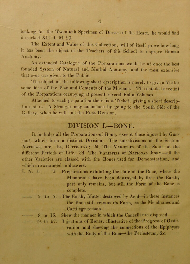 looking* for the Twentieth Specimen of Disease of the Heart, he would find it marked XII. 1. M. 20. 1 he Extent and Value of this Collection, will of itself prove how long ii has been the object ol the Teachers of this School to improve Human Anatomy. An extended Catalogue of the Preparations would be at once the best founded System of Natural and Morbid Anatomy, and the most extensive that ever was given to the Public. The object of the following short description is merely to give a Visitor some idea of the Plan and Contents of the Museum. The detailed account of the Preparations occupying at present several Folio Volumes. Attached to each preparation there is a Ticket, giving a short descrip- tion of it. A Stranger may commence by going to the South Side of the Gallery, when he will find the First Division. DIVISION I BONE. It includes all the Preparations of Bone, except those injured by Gun- shot, which form a distinct Division. The sub-divisions of the Section Natural, are, 1st, Osteogeny; 2d, The Varieties of the Skull at the different Periods of Life; 3d, The Varieties of National Form—all the other Varieties are classed with the Bones used for Demonstration, and which are arranged in drawers. I. N. 1. 2. 3. to 7. 8. to 16. 19. to 57. Preparations exhibiting the state of the Bone, where the Membranes have been destroyed by fire; the Earthy part only remains, but still the Form of the Bone is complete. The Earthy Matter destroyed by Acid—in these instances the Bone still retains its Form, as the Membranes and Cartilage remain. Shew the manner in which the Cancelli are disposed. Injections of Bones, illustrative of the Progress of Ossifi- cation, and shewing the connections of the Epiphyses with the Body of the Bone—the Periosteum, &c.