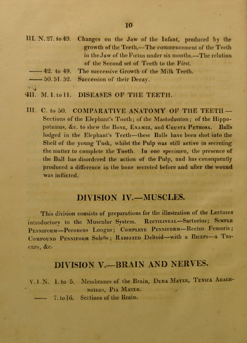 III. N. 27. <0 49. Changes on the Jaw of the Infant, produced by the growth of the Teeth.—The commencement of the Teeth in the Jaw of the Foetus under six months.—The relation, of the Second set of Teeth to the First. 42. to 49. The successive Growth of the Milk Teeth. 50. 51.52. Succession of their Decay. 'III. M. 1. to 11. DISEASES OF THE TEETH. III. C. to 50. COMPARATIVE ANATOMY OF THE TEETH — Sections of the Elephant's Tooth; of the Mastodonton ; of the Hippo- potamus, &c. to shew the Bone, Enamel, and Crusta Petrosa. Balls lodged in the Elephant’s Teeth—these Balls have been shot into the Shell of the young Tusk, whilst the Pulp was still active in secreting the matter to complete the Tooth. In one specimen, the presence of the Ball has disordered the action of the Pulp, and has consequently produced a difference in the bone secreted before and after the wound was inflicted. DIVISION IV.—MUSCLES. This division consists of preparations for the illustration of the Lectures introductory to the Muscular System. Rectilineal—Sartorius; Simple Penniform—Peroneus Longus; Complete Penniform—Rectus Femoris Compound Penniform Soleus; Radiated Deltoid—with a Biceps a Tri- ceps, &c. DIVISION V.—BRAIN AND NERVES. V. IN. 1, to 5. Membranes of the Brain, Du it A Match, I onica Akacii noides, Pia Mater. 7. to 16. Sections of the Brain. • *