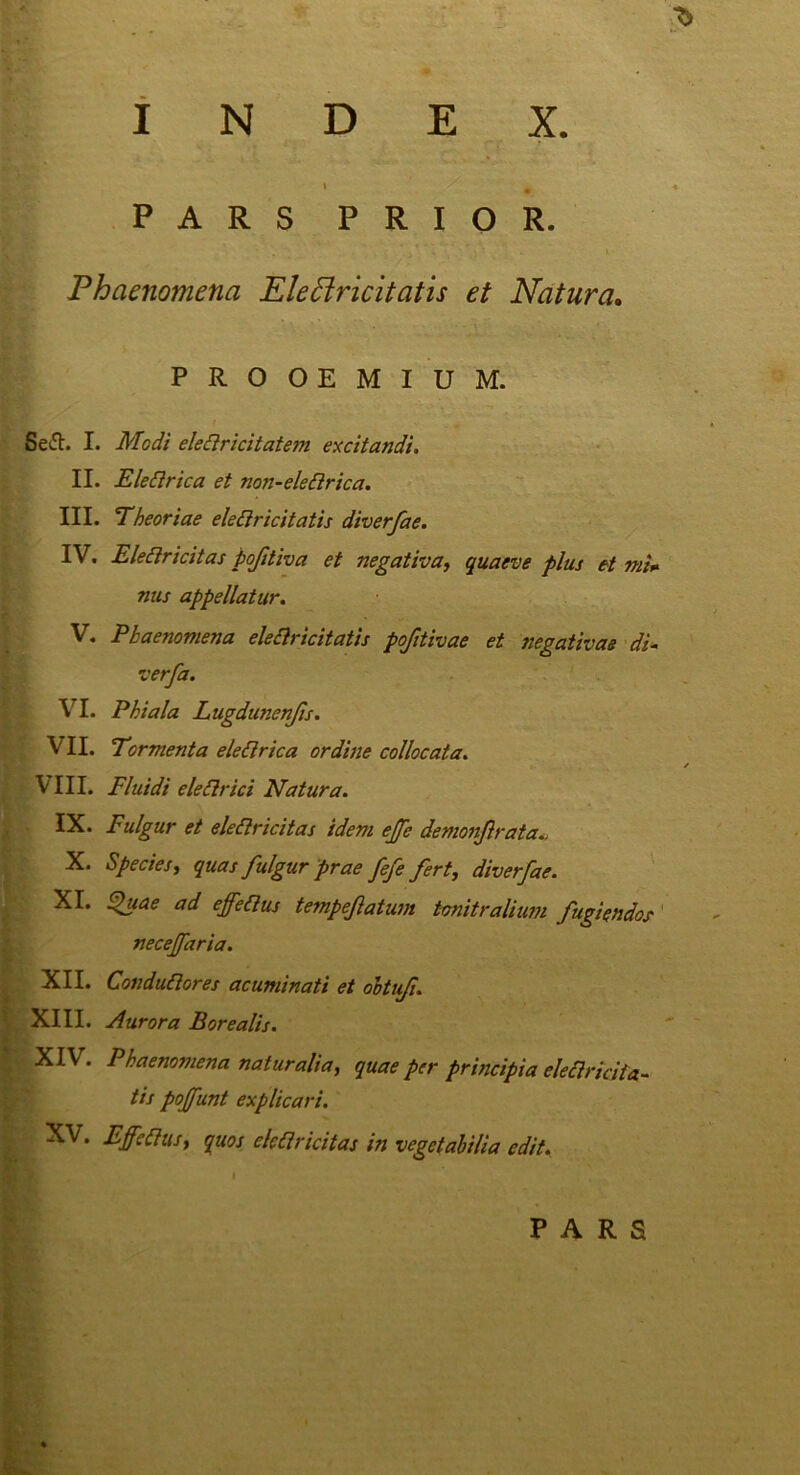 PARS PRIOR. . . ■ '  ‘ ' . \ Phaenomena EleElricit citis et Natura. PROOEMIUM. Se<5h I. Modi eletiricitatem excitandi. II. E leti rica et non-eletlrica. III. Theoriae eletiricitatis diverfae. IV. Elettricitas pofitiva et negativa, quaeve plus et mi* nas appellatur. . V. Phaenomena eletiricitatis pofttivae et jtegativas di- verfa. VI. Phiala Lugdunenfis. VII. Tormenta electrica ordine collocata. / VIII. Fluidi eletlrici Natura. IX. Fulgur et elettricitas idem effe demonftrata.. V* O • U X. Species, quas fulgur prae fefe fert, diverfae. XI. Quae ad effetius tempefaium tonitralium fugiendos' neceffaria. XII. Condutiores acuminati et obtufi. XIII. Jlurora Borealis. | XIV. Phaenomena naturalia, quae per principia eletlriciia- tis poffunt explicari. XV. Effetius, quos elettricitas in vegetabilia edit. PARS