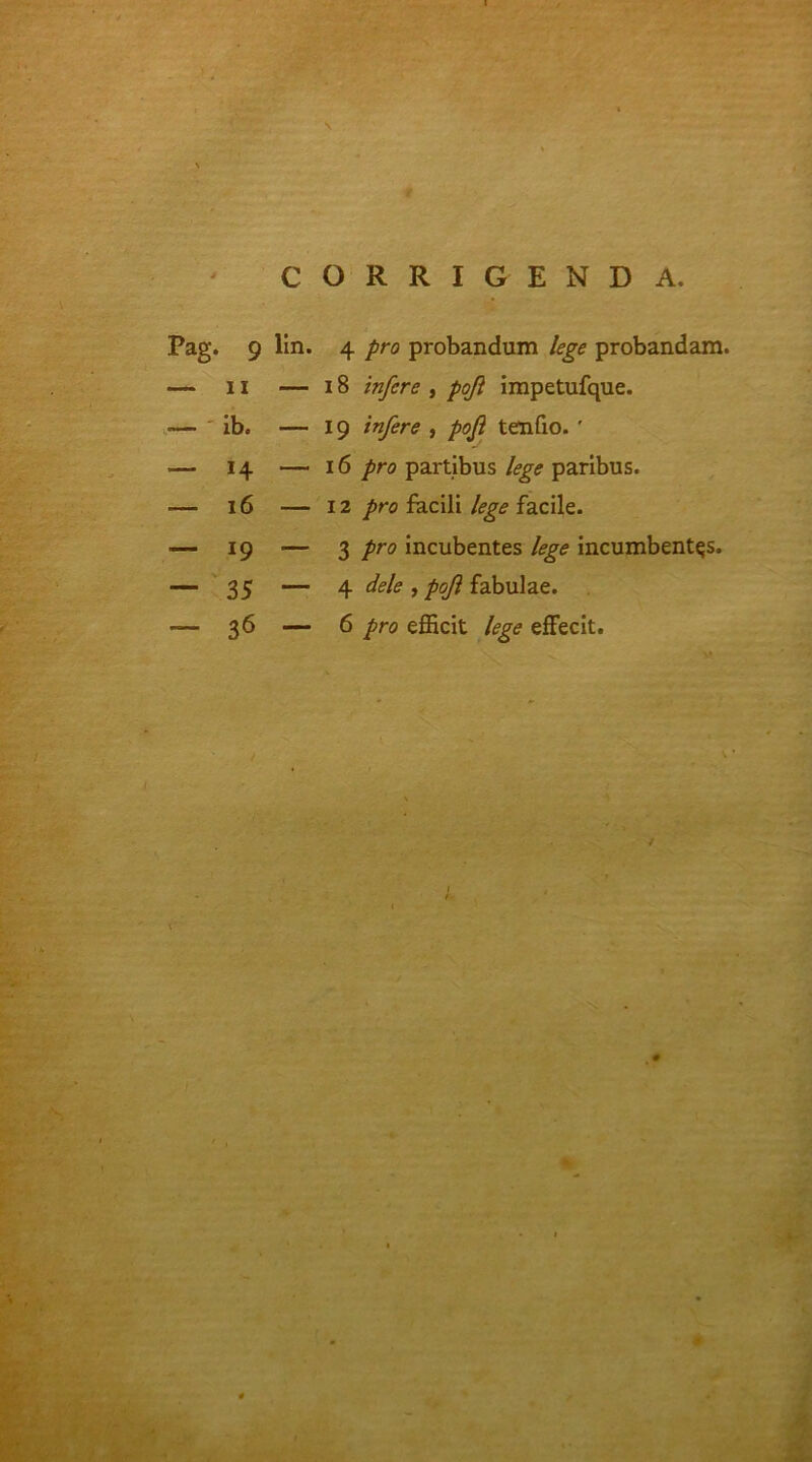 CORRIGENDA. 9 lin. 4 pro probandum lege probandam ii — 18 infere , poft impetufque. ib. — 19 infere , pof tenfio. ' 14 — 16 pro partibus lege paribus. 16 — 12 pro facili lege facile. 19 — 3 Pro incubentes lege incumbentes. 35 — 4 dele , pojl fabulae. 36 — 6 pro efficit lege effecit. I.
