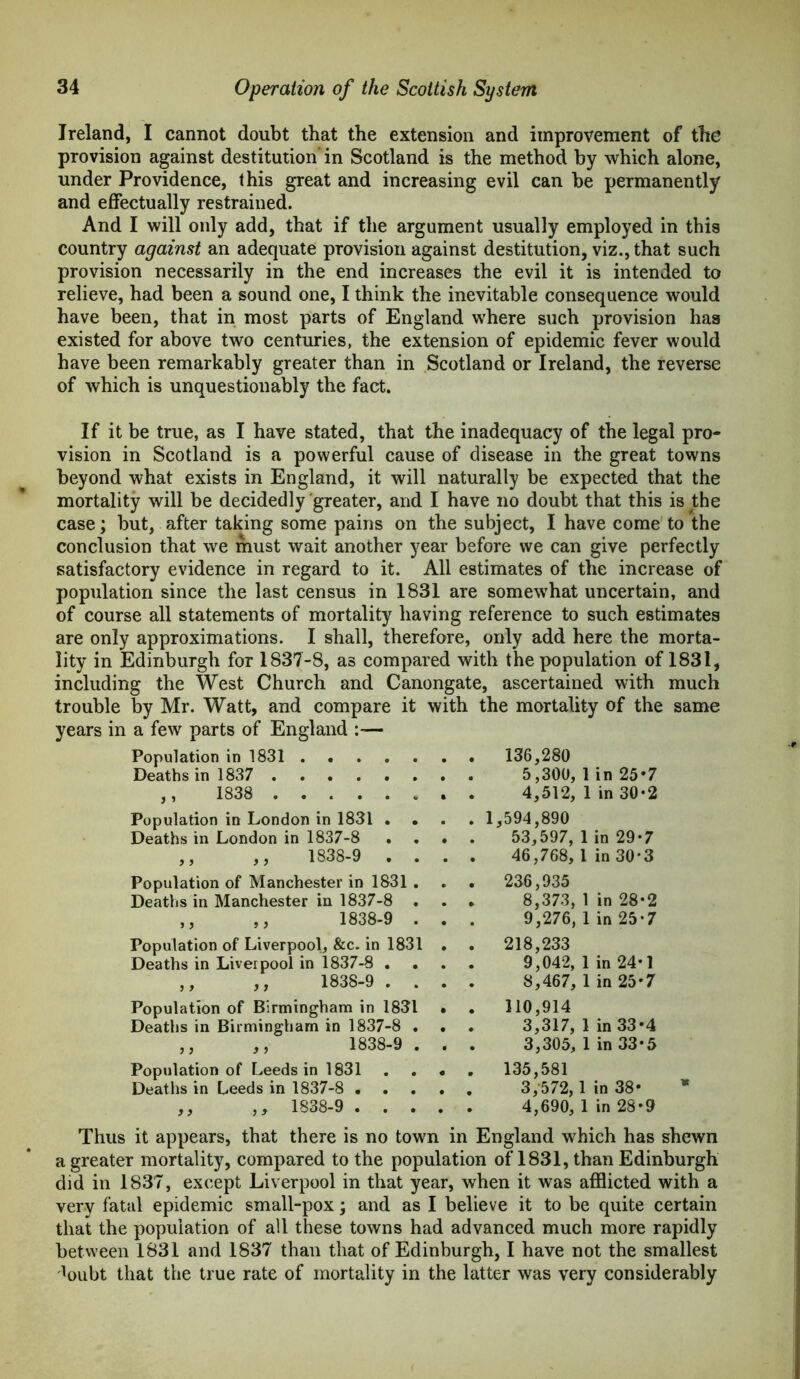 Ireland, I cannot doubt that the extension and improvement of the provision against destitution in Scotland is the method by which alone, under Providence, this great and increasing evil can be permanently and effectually restrained. And I will only add, that if the argument usually employed in this country against an adequate provision against destitution, viz., that such provision necessarily in the end increases the evil it is intended to relieve, had been a sound one, I think the inevitable consequence would have been, that in most parts of England where such provision has existed for above two centuries, the extension of epidemic fever would have been remarkably greater than in Scotland or Ireland, the reverse of which is unquestionably the fact. If it be true, as I have stated, that the inadequacy of the legal pro- vision in Scotland is a powerful cause of disease in the great towns beyond what exists in England, it will naturally be expected that the mortality will be decidedly greater, and I have no doubt that this is the case; but, after taking some pains on the subject, I have come to the conclusion that we must wait another year before we can give perfectly satisfactory evidence in regard to it. All estimates of the increase of population since the last census in 1831 are somewhat uncertain, and of course all statements of mortality having reference to such estimates are only approximations. I shall, therefore, only add here the morta- lity in Edinburgh for 1837-8, as compared with the population of 1831, including the West Church and Canongate, ascertained with much trouble by Mr. Watt, and compare it with the mortality of the same years in a few parts of England Population in 1831 Deaths in 1837 . ,, 1838 . Population in London in 1831 . Deaths in London in 1837-8 . ,, ,, 1838-9 . Population of Manchester in 1831 Deaths in Manchester in 1837-8 ,, ,, 1838-9 Population of Liverpool, &c. in 1831 Deaths in Liverpool in 1837-8 ,, ,, 1838-9 Population of Birmingham in 183 Deaths in Birmingham in 1837-8 1838-9 Population of Leeds in 1831 Deaths in Leeds in 1837-8 • ,, ,, 1838-9 . 136,280 5,300, 1 in 25*7 4,512, 1 in 30-2 1,594,890 53,597, 1 in 29*7 46,768, 1 in 30*3 236,935 8,373, 1 in 28-2 9,276, 1 in 25-7 218,233 9,042, 1 in 24-1 8,467, 1 in 25*7 110,914 3,317, 1 in 33*4 3,305, 1 in 33*5 135,581 3,572,1 in 38* * 4,690, 1 in 28*9 Thus it appears, that there is no town in England which has shewn a greater mortality, compared to the population of 1831, than Edinburgh did in 1837, except Liverpool in that year, when it was afflicted with a very fatal epidemic small-pox; and as I believe it to be quite certain that the population of all these towns had advanced much more rapidly between 1831 and 1837 than that of Edinburgh, I have not the smallest doubt that the true rate of mortality in the latter was very considerably