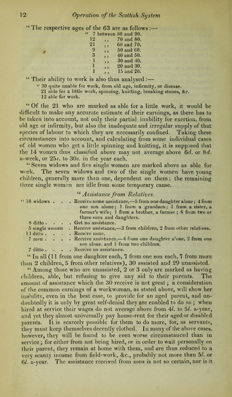 “ The respective ages of the 63 are as follows:— 7 between 80 and 90. 12 ,, 70 and 80. 21 ,, 60 and 70. ^ 9 ,, 50 and 60. 3 ,, 40 and 50. 1 ,, 30 and 40. 1 ,, 20 and 30. 1 ,, 15 and 20. “ Their ability to work is also thus analysed :— 30 quite unable for work, from old age, infirmity, or disease. 21 able for a little work, spinning, knitting, breaking stones, &c. 12 able for work. “ Of the 21 who are marked as able for a little work, it would be difficult to make any accurate estimate of their earnings, as there has to be taken into account, not only their partial inability for exertion, from old age or infirmity, but also the inadequate and irregular supply of that species of labour to which they are necessarily confined. Taking these circumstances into account, and calculating from some individual cases of old women who get a little spinning and knitting, it is supposed that the 14 women thus classified above may not average above 6c/. or 8<i. a-week, or 25^. to 30.?. in the year each. “ Seven widows and five single women are marked above as able for work. The seven widows and two of the single women have young children, generally more than one, dependent on them; the remaining three single women are idle from some temporary cause. “ 18 widows . 8 ditto . 5 single women 13 ditto . 7 men . 7 ditto . Assistance from Relatives. . Receive some assistance,—5 from one daughter alone; 4 from one son alone; 1 from a grandson; 1 from a sister, a farmer’s wife; 1 from a brother, a farmer ; 6 from two or three sons and daughters. . Get no assistance. . Receive assistance,—3 from children, 2 from other relatives. . Receive none. . Receive assistance,—4 from one daughter a’one, 2 from one son alone, and 1 from two children. . Receive no assistance. “ In all (11 from one daughter each, 7 from one son each, 7 from more than 2 children, 5 from other relatives), 30 assisted and 29 unassisted. “ Among those who are unassisted, 2 or 3 only are marked as having children, able, but refusing to give any aid to their parents. The amount of assistance which the 30 receive is not great; a consideration of the common earnings of a workwoman, as stated above, will show her inabilitv, even in the best case, to provide for an aged parent, and un- doubtedly it is only by great self-denial they are enabled to do so ; when hired at service their wages do not average above from 4/. to 5/. a-year, and yet they almost universally pay house-rent for their aged or disabled parents. It is scarcely possible for them to do more, for, as servants, they must keep themselves decently clothed. In many of the above cases, however, they will be found to be even worse circumstanced than in service; for either from not being hired, or in order to wait personally on their parent, they remain at home with them, and are thus reduced to a very scanty income from field-w'ork, &c., probably not more than 5/. or 6/. a-year. The assistance received from sons is not so certain, nor is it