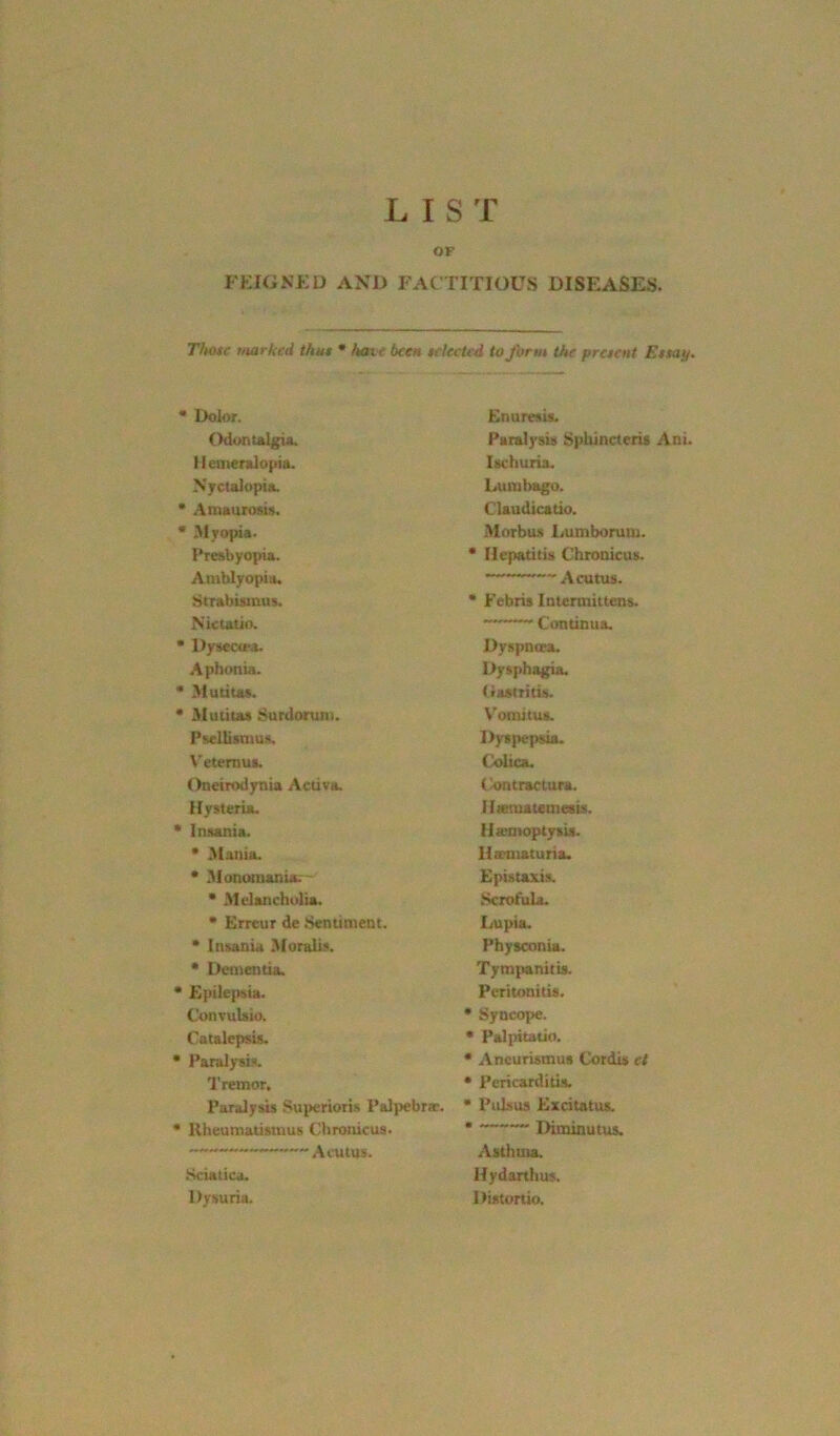 L I S T OF FEIGNED AND FACTITIOUS DISEASES. Those marked thus * hate been selected to form the present Essay. * Dolor. Odontalgia. Hemeralopia. Nyctalopia. * Amaurosis. * Myopia. Presbyopia. Amblyopia. Strabismus. Nictatio. * Dysectra. Aphonia. * Mutitas. * Mutitas Surdorum. Psellismus. Veternus. Oneirodynia Activa. Hysteria. * Jnsania. • Mania. • Monomania. * Melancholia. • Errcur de Sentiment. * Insania Moral!*. * Dementia. * Epilepsia. Convulsio. Catalepsis. * Paralysis. Tremor. Paralysis Superioris Palpebrtc. * Rheumatismus Chronicus. Aeutus. Sciatica. Dysuria. Enuresis. Paralysis Spliincteris Ani. Ischuria. Lumbago. Claudicatio. Morbus Lumborum. * Hepatitis Chronicus. Aeutus. * Febris Intermittens. — Continua. Dyspnoea. Dysphagia. Gastritis. Vomitus. Dyspepsia. Colica. Contractura. Hteruatemesis. Hemoptysis. Hirmaturia. Epis taxis. Scrofula. Lupia. Physconia. Tympanitis. Peritonitis. * Syncope. * Palpitatio. * Aneurismus Cordis et * Pericarditis. * Pulsus Excitants. * Diminutus. Asthma. Hydarthus. Distortio.