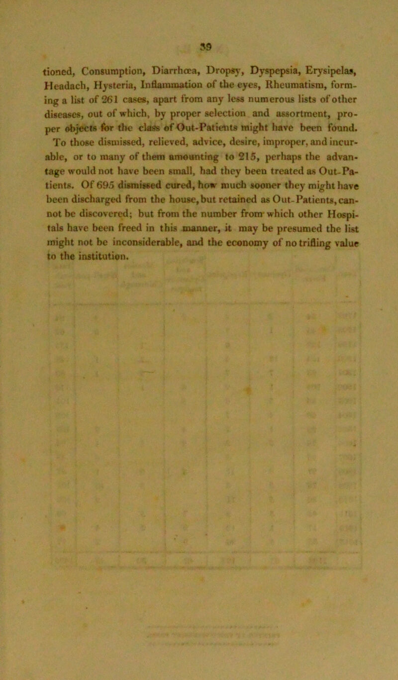 tioned, Consumption, Diarrhoea, Dropsy, Djrspepsia, Erysipelas, Headach, Hysteria, Inflammation of the eyes, Rheumatism, form- ing a list of 261 cases, apart from any less numerous lists of other diseases, out of which, by proper selection and assortment, pro- per objects for the class of Out-Patients might have been found. To those dismissed, relieved, advice, desire, improper, and incur- able, or to many of them amounting to 215, perhaps the advan- tage would not have been small, had they been treated as Out-Pa- tients. Of 695 dismissed cured, how much sooner they might have been discharged from the house,but retained as Out-Patients,can- not be discovered; but from the number fronr which other Hospi- tals have been freed in this manner, it may be presumed the list might not be inconsiderable, and the economy of no trifling value to the institution.