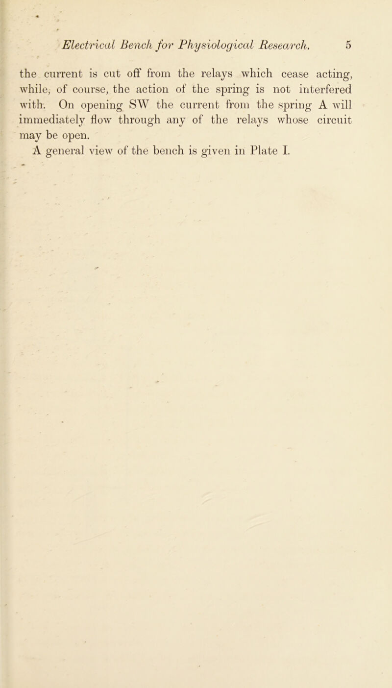 the current is cut off from the relays which cease acting, while, of course, the action of the spring is not interfered with. On opening SW the current from the spring A will immediately flow through any of the relays whose circuit may be open. A general view of the bench is given in Plate I.