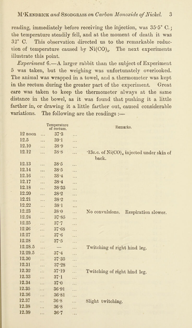 reading, immediately before receiving the injection, was 35*5° C.; the temperature steadily fell, and at the moment of death it was 32® C. This observation directed us to the remarkable reduc- tion of temperature caused by Ni(CO)4. The next experiments illustrate this point. Experiment 6.—A larger rabbit than the subject of Experiment 5 was taken, but the weighing was unfortunately overlooked. The animal was wrapped in a towel, and a thermometer was kept in the rectum during the greater part of the experiment. Great care was taken to keep the thermometer always at the same distance in the bowel, as it was found that pushing it a little farther in, or drawing it a little farther out, caused considerable variations. The following are the readings :— Temperature of rectum. 12 noon 37-3 12.5 39*1 12.10 38-9 12.12 38-8 12.13 38-5 12.14 38*5 12.16 38-4 12.17 38-4 12.18 38*35 12.20 38-2 12.21 38-2 12.22 38-1 12.23 38-0 12.24 37*85 12.25 37*7 12.26 37*68 12.27 37*6 12.28 37*5 12.28.5 ... — 12.29.5 37*4 12.30 37*35 12.31 37*28 12.32 37*19 12.33 37*1 12.34 37*0 12.35 36*91 12.36 36*81 12.37 36*8 12.38 36*8 12.39 36*7 Remarks. •13c.c. of Ni(C0)4 injected under skin of back. No convulsions. Respiration slower. Twitching of right hind leg. Twitching of right hind leg. Slight twitching.