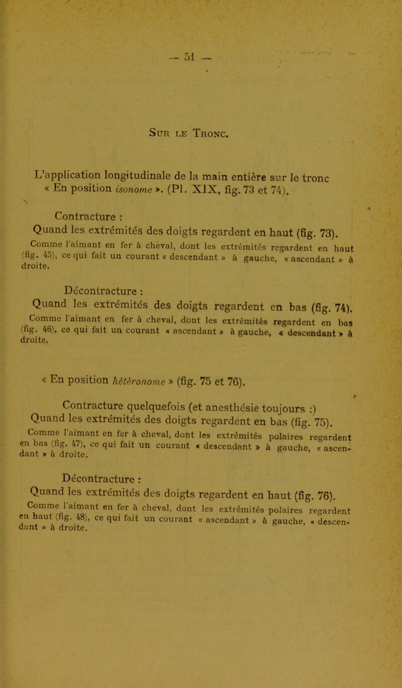 Sur le Tronc. L’application longitudinale de la main entière sur le tronc « En position isonomc ». (PL XIX, fig. 73 et 74). Contracture : Quand les extrémités des doigts regardent en haut (fig. 73). Comme l’aimant en fer à cheval, dont les extrémités regardent en haut (fig. 45), ce qui fait un courant « descendant » ù gauche, « ascendant » à droite. Décontracture : Quand les extrémités des doigts regardent en bas (fig. 74). Comme l’aimant en fer ù cheval, dont les extrémités regardent en bas (fig. 46), ce qui fait un courant « ascendant » à gauche, « descendant » à droite. « En position hétéronome » (fig. 75 et 76). Contracture quelquefois (et anesthésie toujours :) Quand les extrémités des doigts regardent en bas (fig. 75). Comme l'aimant en fer à cheval, dont les extrémités polaires regardent en bas (fig. 47), ce qui fait un courant « descendant » à gauche « ascen- dant » à droite. Décontracture : Quand les extrémités des doigts regardent en haut (fig. 76). Comme l'aimant en fer à cheval, dont les extrémités polaires regardent en haut (fig. 48), ce qui fait un courant « ascendant » à gauche, « descen- dant » à droite.