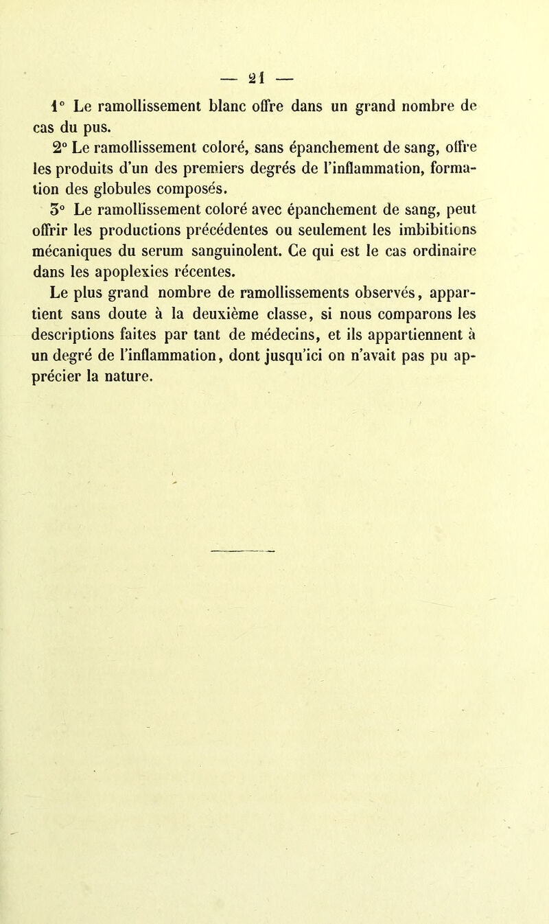 1° Le ramollissement blanc offre dans un grand nombre de cas du pus. 2° Le ramollissement coloré, sans épanchement de sang, offre les produits d’un des premiers degrés de l’inflammation, forma- tion des globules composés. 5° Le ramollissement coloré avec épanchement de sang, peut offrir les productions précédentes ou seulement les imbibitions mécaniques du sérum sanguinolent. Ce qui est le cas ordinaire dans les apoplexies récentes. Le plus grand nombre de ramollissements observés, appar- tient sans doute à la deuxième classe, si nous comparons les descriptions faites par tant de médecins, et ils appartiennent à un degré de l’inflammation, dont jusqu’ici on n’avait pas pu ap- précier la nature.