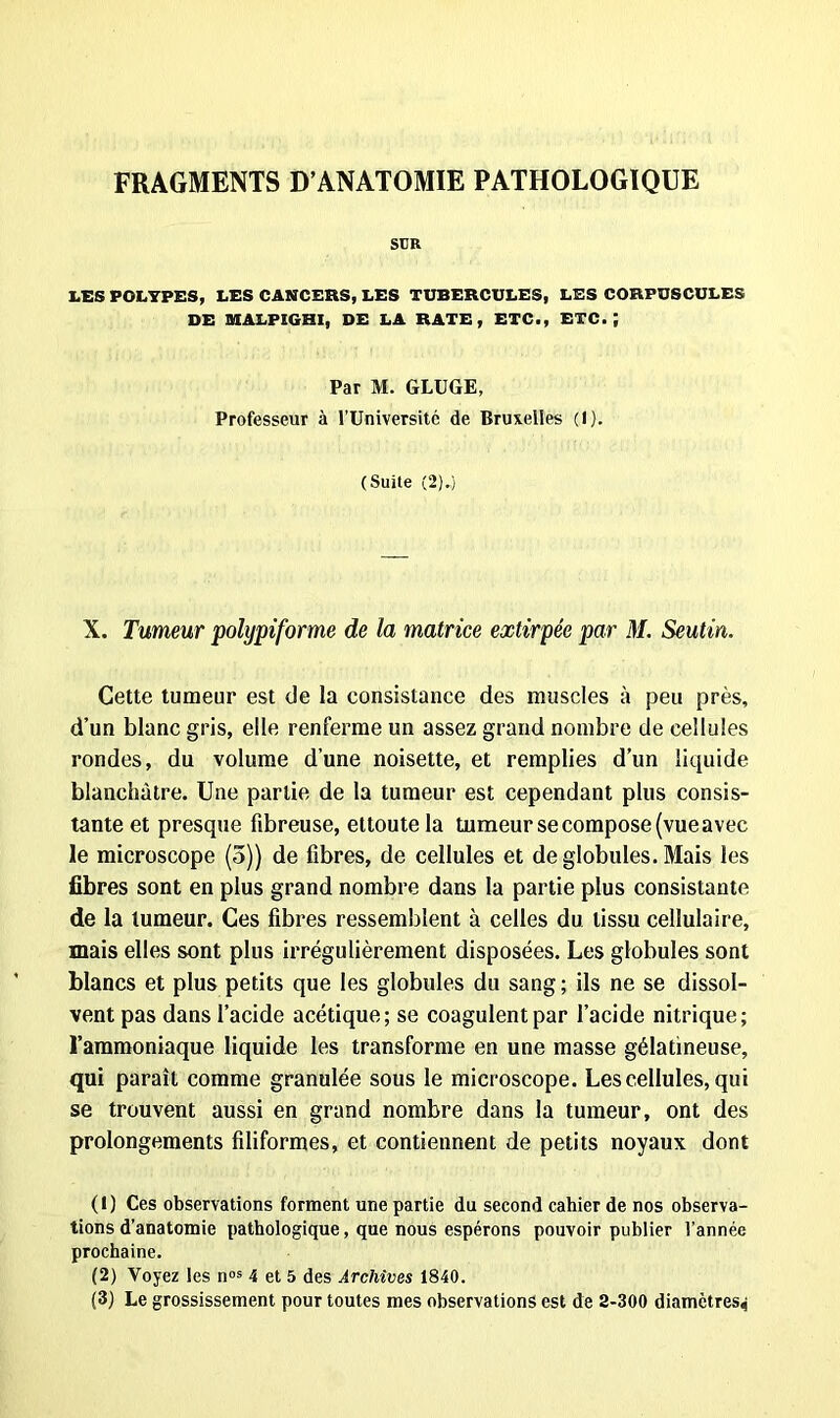 FRAGMENTS D’ANATOMIE PATHOLOGIQUE SUR LES POLYPES, LES CANCERS, LES TUBERCULES, LES CORPUSCULES DE OXALPIGHI, DE LA RATE, ETC., ETC.; Par M. GLUGE, Professeur à l’Université de Bruxelles (1). (Suite (2).) X. Tumeur polypiforme de la matrice extirpée par M. Seutin. Cette tumeur est de la consistance des muscles à peu près, d’un blanc gris, elle renferme un assez grand nombre de cellules rondes, du volume d’une noisette, et remplies d’un liquide blanchâtre. Une partie de la tumeur est cependant plus consis- tante et presque fibreuse, ettoute la tumeur se compose (vueavec le microscope (5)) de fibres, de cellules et de globules. Mais les fibres sont en plus grand nombre dans la partie plus consistante de la tumeur. Ces fibres ressemblent à celles du tissu cellulaire, mais elles sont plus irrégulièrement disposées. Les globules sont blancs et plus petits que les globules du sang ; ils ne se dissol- vent pas dans l’acide acétique; se coagulent par l’acide nitrique; l’ammoniaque liquide les transforme en une masse gélatineuse, qui paraît comme granulée sous le microscope. Les cellules, qui se trouvent aussi en grand nombre dans la tumeur, ont des prolongements filiformes, et contiennent de petits noyaux dont (1) Ces observations forment une partie du second cahier de nos observa- tions d’anatomie pathologique, que nous espérons pouvoir publier l’année prochaine. (2) Voyez les nos 4 et 5 des Archives 1840.