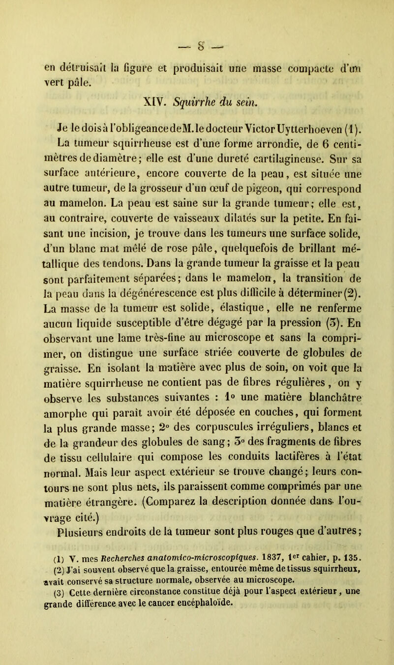 -=- s — en détruisait lu figure et produisait une masse compacte d’un vert pâle. XIV. Squirrhe du sein. Je le dois à l’obligeance deM. le docteur Victor Uytterhoeven (1 ). La tumeur squirrheuse est d’une forme arrondie, de 6 centi- mètres de diamètre; elle est d’une dureté cartilagineuse. Sur sa surface antérieure, encore couverte de la peau, est située une autre tumeur, de la grosseur d’un œuf de pigeon, qui correspond au mamelon. La peau est saine sur la grande tumeur; elle est, au contraire, couverte de vaisseaux dilatés sur la petite. En fai- sant une incision, je trouve dans les tumeurs une surface solide, d’un blanc mal mêlé de rose pâle, quelquefois de brillant mé- tallique des tendons. Dans la grande tumeur la graisse et la peau sont parfaitement séparées; dans le mamelon, la transition de la peau dans la dégénérescence est plus dillicile à déterminer (2). La masse de la tumeur est solide, élastique, elle ne renferme aucun liquide susceptible d’être dégagé par la pression (3). En observant une lame très-line au microscope et sans la compri- mer, on distingue une surface striée couverte de globules de graisse. En isolant la matière avec plus de soin, on voit que la matière squirrheuse ne contient pas de fibres régulières , on y observe les substances suivantes : 1» une matière blanchâtre amorphe qui parait avoir été déposée en couches, qui forment la plus grande masse; 2° des corpuscules irréguliers, blancs et de la grandeur des globules de sang; 5° des fragments de fibres de tissu cellulaire qui compose les conduits lactifères à l'état normal. Mais leur aspect extérieur se trouve changé; leurs con- tours ne sont plus nets, ils paraissent comme comprimés par une matière étrangère. (Comparez la description donnée dans- l’ou- vrage cité.) Plusieurs endroits de la tumeur sont plus rouges que d’autres; (1) V. mes Recherches anatomico-microscopiques. 1837, cahier, p. 135. (2) J’ai souvent observé que la graisse, entourée même de tissus squirrheux, avait conservé sa structure normale, observée au microscope. (3) Cette dernière circonstance constitue déjà pour l’aspect extérieur, une grande différence avec le cancer encéphaloïde.