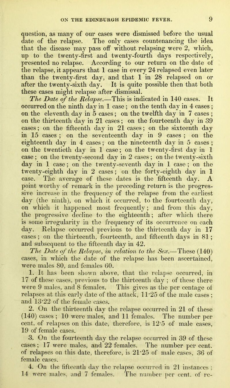 question, as many of our cases were dismissed before the usual date of the relapse. The only cases countenancing the idea that the disease may pass off without relapsing were 2, which, up to the twenty-first and twenty-fourth days respectively, presented no relapse. According to our return on the date of the relapse, it appears that 1 case in every 24 relapsed even later than the twenty-first day, and that 1 in 28 relapsed on or after the twenty-sixth day. It is quite possible then that both these cases might relapse after dismissal. The Date of the Relapse.—This is indicated in 140 cases. It occurred on the ninth day in 1 case ; on the tenth day in 4 cases ; on the eleventh day in 5 cases; on the twelfth day in 7 cases ; on the thirteenth day in 21 cases; on the fourteenth day in 39 cases; on the fifteenth day in 21 cases; on the sixteenth day in 15 cases ; on the seventeenth day in 9 cases ; on the eighteenth day in 4 cases; on the nineteenth day in 5 cases ; on the twentieth day in 1 case; on the twenty-first day in 1 case ; on the twenty-second day in 2 cases ; on the twenty-sixth day in 1 case; on the twenty-seventh day in 1 case ; on the twenty-eighth day in 2 cases; on the forty-eighth day in 1 case. The average of these dates is the fifteenth day. A point worthy of remark in the preceding return is the progres- sive increase in the frequency of the relapse from the earliest day (the ninth), on which it occurred, to the fourteenth day, on which it happened most frequently; and from this day, the progressive decline to the eighteenth; after which there is some irregularity in the frequency of its occurrence on each day. Relapse occurred previous to the thirteenth day in 17 cases ; on the thirteenth, fourteenth, and fifteenth days in 81; and subsequent to the fifteenth day in 42. The Date of the Relapse, in relation to the Sex.—These (140) cases, in which the elate of the relapse has been ascertained, were males 80, and females 60. 1. It has been shown above, that the relapse occuiTed, in 17 of these cases, previous to the thirteenth day ; of these there were 9 males, and 8 females. This gives as the per centage of relapses at this early date of the attack, 1T25 of the male cases ; and 13*22 of the female cases. 2. On the thirteenth day the relapse occurred in 21 of these (140) cases ; 10 were males, and 11 females. The number per cent, of relapses on this date, therefore, is 12’5 of male cases, 19 of female cases. 3. On the fourteenth day the relapse occurred in 39 of these cases; 17 were males, and 22 females. The number per cent, of relapses on this date, therefore, is 21*25 of male cases, 36 of female cases. 4. On the fifteenth day the relapse occurred in 21 instances ; 14 were males, and 7 females. The number per cent, of re-