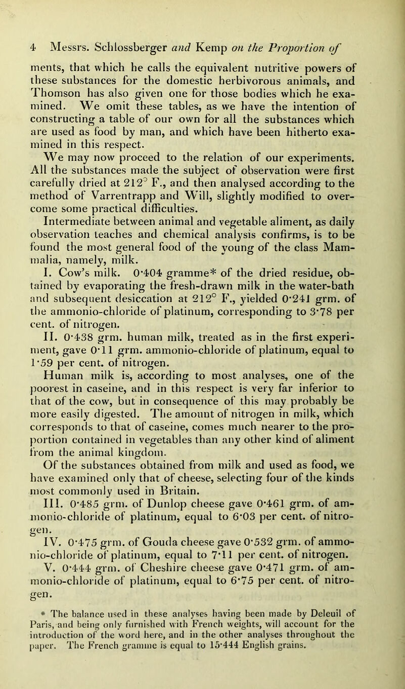 ments, that which he calls the equivalent nutritive powers of these substances for the domestic herbivorous animals, and Thomson has also given one for those bodies which he exa- mined. We omit these tables, as we have the intention of constructing a table of our own for all the substances which are used as food by man, and which have been hitherto exa- mined in this respect. We may now proceed to the relation of our experiments. All the substances made the subject of observation were first carefully dried at 212^ F., and then analysed according to the method of Varrentrapp and Will, slightly modified to over- come some practical difficulties. Intermediate between animal and vegetable aliment, as daily observation teaches and chemical analysis confirms, is to be found the most general food of the young of the class Mam- malia, namely, milk. I. Cow’s milk. 0‘404 gramme* of the dried residue, ob- tained by evaporating the fresh-drawn milk in the water-bath and subsequent desiccation at 212° F., yielded 0‘24J grm. of the ammonio-chloride of platinum, corresponding to 3’78 per cent, of nitrogen. II. 0‘438 grm. human milk, treated as in the first experi- ment, gave OTl grm. ammonio-chloride of platinum, equal to T59 per cent, of nitrogen. Human milk is, according to most analyses, one of the poorest in caseine, and in this respect is very far inferior to that of the cow, but in consequence of this may probably be more easily digested. The amount of nitrogen in milk, which corresponds to that of caseine, comes much nearer to the pro- portion contained in vegetables than any other kind of aliment from the animal kingdom. Of the substances obtained from milk and used as food, we have examined only that of cheese, selecting four of the kinds most commonly used in Britain. III. 0’485 grm. of Dunlop cheese gave 0*461 grm. of am- monio-chloride of platinum, equal to 6*03 per cent, of nitro- gen. IV. 0*475 grm. of Gouda cheese gave 0*532 grm. of ammo- nio-chloride of platinum, equal to 7*11 per cent, of nitrogen. V. 0*444 grm. of Cheshire cheese gave 0*471 grm. of am- monio-chloride of platinum, equal to 6*75 per cent, of nitro- gen. * The balance used in these analyses having been made by Deleuil of Paris, and being only furnished with French weights, will account for the introduction of the word here, and in the other analyses throughout the paper. The French gramme is equal to 15*444 English grains.