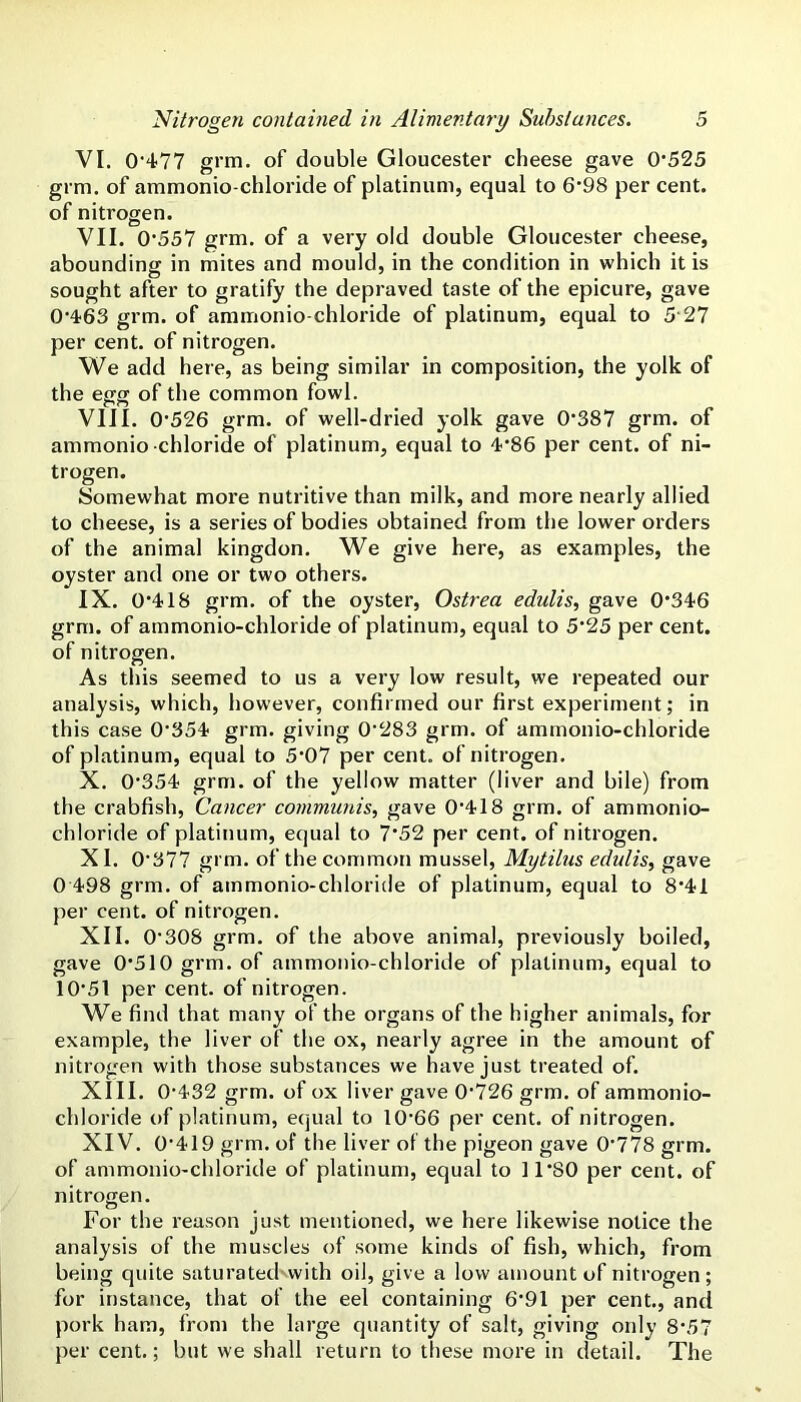 VI. 0'477 grm. of double Gloucester cheese gave 0*525 grm. of ammonio-chloride of platinum, equal to 6*98 per cent, of nitrogen. VII. 0*557 grm. of a very old double Gloucester cheese, abounding in mites and mould, in the condition in which it is sought after to gratify the depraved taste of the epicure, gave 0*463 grm. of ammonio-chloride of platinum, equal to 5-27 per cent, of nitrogen. We add here, as being similar in composition, the yolk of the egg of the common fowl. VIII. 0*526 grm. of well-dried yolk gave 0*387 grm. of ammonio -chloride of platinum, equal to 4*86 per cent, of ni- trogen. Somewhat more nutritive than milk, and more nearly allied to cheese, is a series of bodies obtained from the lower orders of the animal kingdon. We give here, as examples, the oyster and one or two others. IX. 0*418 grm. of the oyster, Ostrea edulis, gave 0*346 grm. of ammonio-chloride of platinum, equal to 5*25 per cent, of nitrogen. As this seemed to us a very low result, we repeated our analysis, which, however, confirmed our first experiment; in this case 0*354 grm. giving 0*283 grm. of ammonio-chloride of platinum, equal to 5*07 per cent, of nitrogen. X. 0*354 grm. of the yellow matter (liver and bile) from the crabfish. Cancer communis, gave 0*418 grm. of ammonio- chloride of platinum, equal to 7*52 per cent, of nitrogen. XI. 0*377 grm. of the common mussel, Mytilus edulis, gave 0 498 grm. of ammonio-chloride of platinum, equal to 8*41 per cent, of nitrogen. XII. 0*308 grm. of the above animal, previously boiled, gave 0*510 grm. of ammonio-chloride of platinum, equal to 10*51 per cent, of nitrogen. We find that many of the organs of the higher animals, for example, the liver of the ox, nearly agree in the amount of nitrogen with those substances we have just treated of. XIII. 0*432 grm. of ox liver gave 0*726 grm. of ammonio- chloride of platinum, equal to 10*66 per cent, of nitrogen. XIV. 0*419 grm. of the liver of the pigeon gave 0*778 grm. of ammonio-chloride of platinum, equal to 11*80 per cent, of nitrogen. For the reason just mentioned, we here likewise notice the analysis of the muscles of some kinds of fish, which, from being quite saturatedwith oil, give a low amount of nitrogen; for instance, that of the eel containing 6*91 per cent., and pork ham, from the large quantity of salt, giving only 8*57 per cent.; but we shall return to these more in detail. The