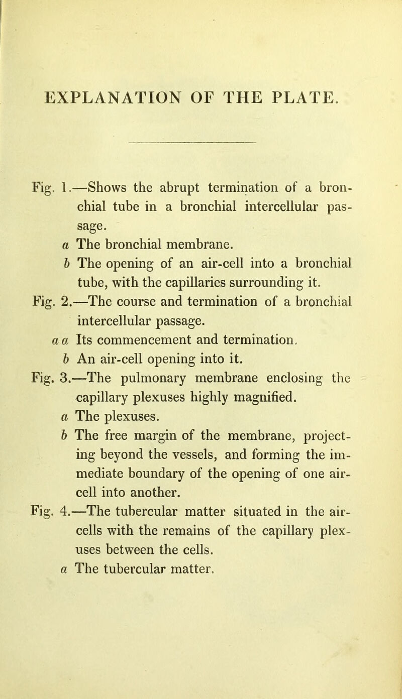 EXPLANATION OF THE PLATE. Fig. 1.—Shows the abrupt termination of a bron- chial tube in a bronchial intercellular pas- sage. a The bronchial membrane. b The opening of an air-cell into a bronchial tube, with the capillaries surrounding it. Fig. 2.—The course and termination of a bronchial intercellular passage. a a Its commencement and termination. b An air-cell opening into it. Fig. 3.—The pulmonary membrane enclosing the capillary plexuses highly magnified. a The plexuses. b The free margin of the membrane, project- ing beyond the vessels, and forming the im- mediate boundary of the opening of one air- cell into another. Fig. 4.—The tubercular matter situated in the air- cells with the remains of the capillary plex- uses between the cells. a The tubercular matter.