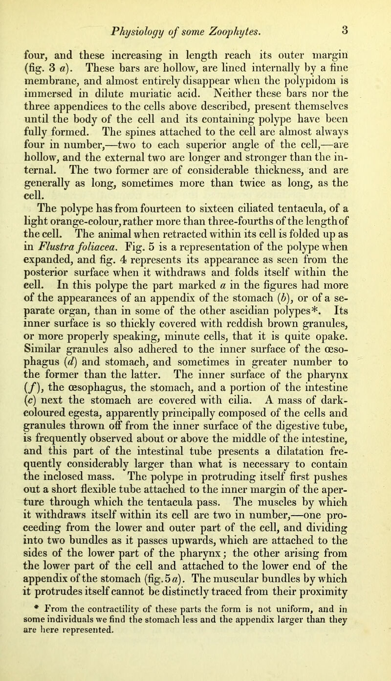 four, and these increasing in length reach its outer margin (fig. 3 a). These bars are hollow, are lined internally by a fine membrane, and almost entirely disappear when the polypidom is immersed in dilute muriatic acid. Neither these bars nor the three appendices to the cells above described, present themselves until the body of the cell and its containing polype have been fully formed. The spines attached to the cell are almost always four in number,—two to each superior angle of the cell,—are hollow, and the external two are longer and stronger than the in- ternal. The two former are of considerable thickness, and are generally as long, sometimes more than twice as long, as the cell. The polype has from fourteen to sixteen ciliated tentacula, of a light orange-colour, rather more than three-fourths of the length of the cell. The animal when retracted within its cell is folded up as in Flustra foliacea. Fig. 5 is a representation of the polype when expanded, and fig. 4 represents its appearance as seen from the posterior surface when it withdraws and folds itself within the cell. In this polype the part marked a in the figures had more of the appearances of an appendix of the stomach (b), or of a se- parate organ, than in some of the other ascidian polypes*. Its inner surface is so thickly covered with reddish brown granules, or more properly speaking, minute cells, that it is quite opake. Similar granules also adhered to the inner surface of the oeso- phagus (d) and stomach, and sometimes in greater number to the former than the latter. The inner surface of the pharynx (/), the oesophagus, the stomach, and a portion of the intestine (c) next the stomach are covered with cilia. A mass of dark- coloured egesta, apparently principally composed of the cells and granules thrown off from the inner surface of the digestive tube, is frequently observed about or above the middle of the intestine, and this part of the intestinal tube presents a dilatation fre- quently considerably larger than what is necessary to contain the inclosed mass. The polype in protruding itself first pushes out a short flexible tube attached to the inner margin of the aper- ture through which the tentacula pass. The muscles by which it withdraws itself within its cell are two in number,—one pro- ceeding from the lower and outer part of the cell, and dividing into two bundles as it passes upwards, which are attached to the sides of the lower part of the pharynx; the other arising from the lower part of the cell and attached to the lower end of the appendix of the stomach (fig. 5 a). The muscular bundles by which it protrudes itself cannot be distinctly traced from their proximity * From the contractility of these parts the form is not uniform, and in some individuals we find the stomach less and the appendix larger than they are here represented.