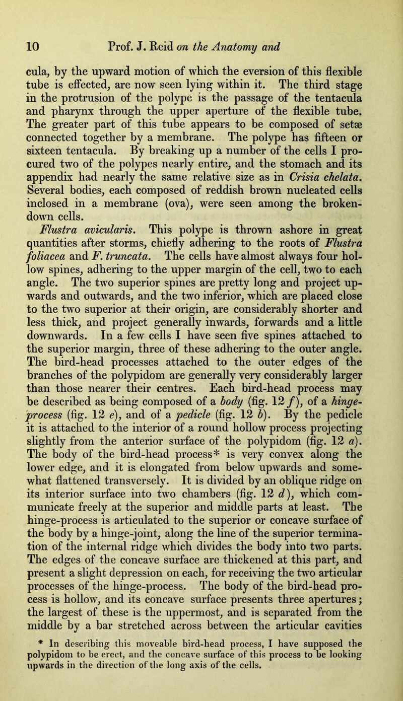 cula, by the upward motion of which the eversion of this flexible tube is effected, are now seen lying within it. The third stage in the protrusion of the polype is the passage of the tentacula and pharynx through the upper aperture of the flexible tube. The greater part of this tube appears to be composed of setae connected together by a membrane. The polype has fifteen or sixteen tentacula. By breaking up a number of the cells I pro- cured two of the polypes nearly entire, and the stomach and its appendix had nearly the same relative size as in Crisia chelata. Several bodies, each composed of reddish brown nucleated cells inclosed in a membrane (ova), were seen among the broken- down cells. Flustra avicularis. This polype is thrown ashore in great quantities after storms, chiefly adhering to the roots of Flustra foliacea and F. truncata. The cells have almost always four hol- low spines, adhering to the upper margin of the cell, two to each angle. The two superior spines are pretty long and project up- wards and outwards, and the two inferior, which are placed close to the two superior at their origin, are considerably shorter and less thick, and project generally inwards, forwards and a little downwards. In a few cells I have seen five spines attached to the superior margin, three of these adhering to the outer angle. The bird-head processes attached to the outer edges of the branches of the polypidom are generally very considerably larger than those nearer their centres. Each bird-head process may be described as being composed of a body (fig. 12 /), of a hinge- process (fig. 12 e), and of a pedicle (fig. 12 b). By the pedicle it is attached to the interior of a round hollow process projecting slightly from the anterior surface of the polypidom (fig. 12 a). The body of the bird-head process* is very convex along the lower edge, and it is elongated from below upwards and some- what flattened transversely. It is divided by an oblique ridge on its interior surface into two chambers (fig. 12 d), which com- municate freely at the superior and middle parts at least. The hinge-process is articulated to the superior or concave surface of the body by a hinge-joint, along the line of the superior termina- tion of the internal ridge which divides the body into two parts. The edges of the concave surface are thickened at this part, and present a slight depression on each, for receiving the two articular processes of the hinge-process. The body of the bird-head pro- cess is hollow, and its concave surface presents three apertures; the largest of these is the uppermost, and is separated from the middle by a bar stretched across between the articular cavities * In describing this moveable bird-head process, I have supposed the polypidom to be erect, and the concave surface of this process to be looking upwards in the direction of the long axis of the cells.