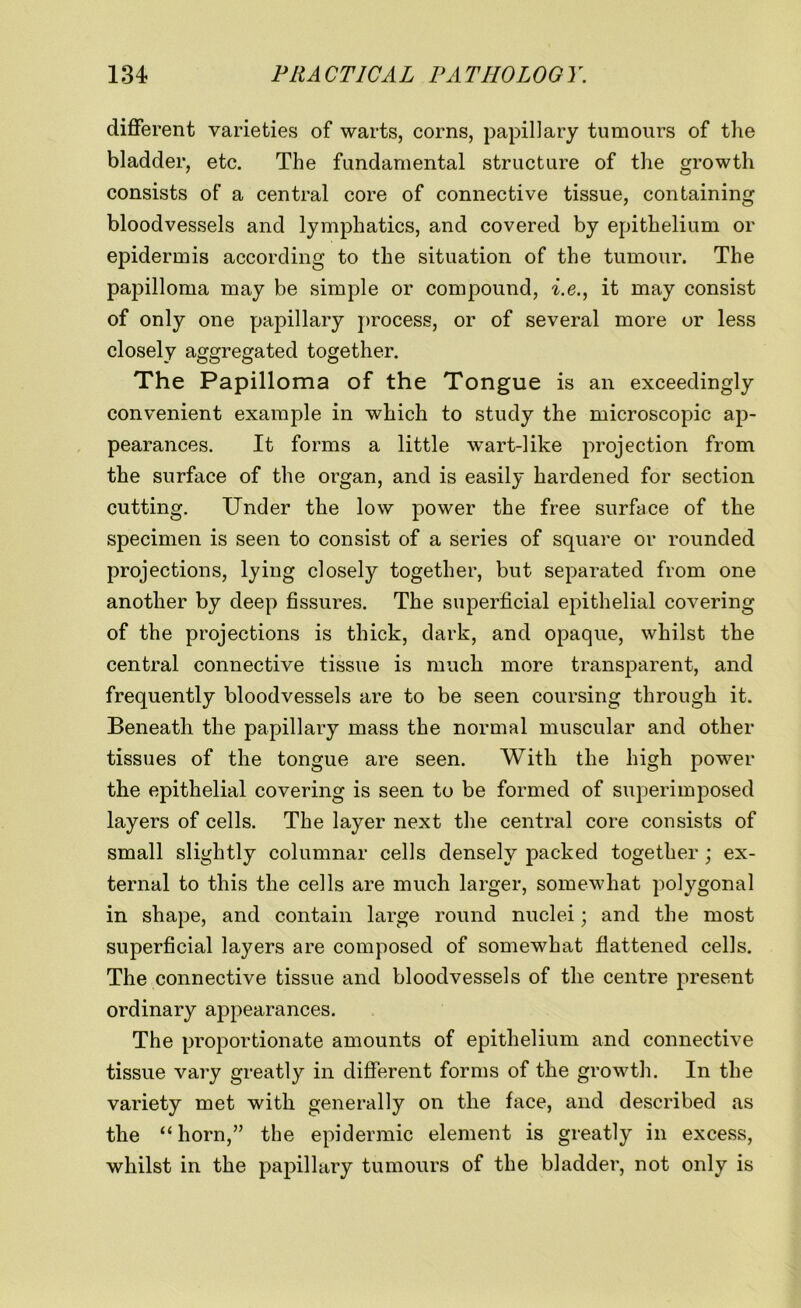 different varieties of warts, corns, papillary tumours of the bladder, etc. The fundamental structure of the growth consists of a central core of connective tissue, containing bloodvessels and lymphatics, and covered by epithelium or epidermis according to the situation of the tumour. The papilloma may be simple or compound, i.e., it may consist of only one papillary process, or of several more or less closely aggregated together. The Papilloma of the Tongue is an exceedingly convenient example in which to study the microscopic ap- pearances. It forms a little wart-like projection from the surface of the organ, and is easily hardened for section cutting. Under the low power the free surface of the specimen is seen to consist of a series of square or rounded projections, lying closely together, but separated from one another by deep fissures. The superficial epithelial covering of the projections is thick, dark, and opaque, whilst the central connective tissue is much more transparent, and frequently bloodvessels are to be seen coursing through it. Beneath the papillary mass the normal muscular and other tissues of the tongue are seen. With the high power the epithelial covering is seen to be formed of superimposed layers of cells. The layer next the central core consists of small slightly columnar cells densely packed together; ex- ternal to this the cells are much larger, somewhat polygonal in shape, and contain large round nuclei; and the most superficial layers are composed of somewhat flattened cells. The connective tissue and bloodvessels of the centre present ordinary appearances. The proportionate amounts of epithelium and connective tissue vary greatly in different forms of the growth. In the variety met with generally on the face, and described as the “ horn,” the epidermic element is greatly in excess, whilst in the papillary tumours of the bladder, not only is