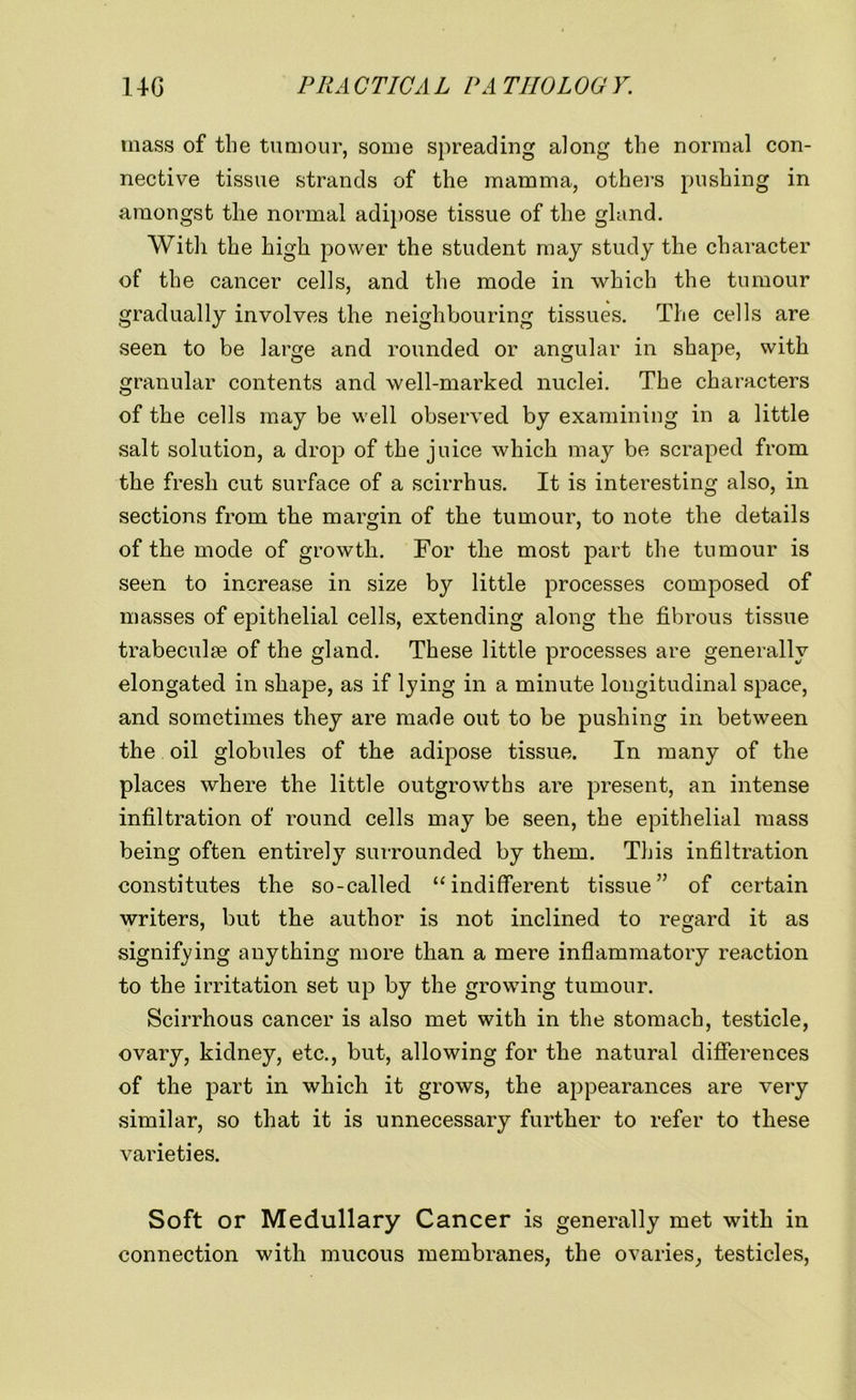 mass of the tumour, some spreading along the normal con- nective tissue strands of the mamma, others pushing in amongst tlie normal adipose tissue of the gland. With the high power the student may study the character of the cancer cells, and the mode in which the tumour gradually involves the neighbouring tissues. The cells are seen to be large and rounded or angular in shape, with granular contents and well-marked nuclei. The characters of the cells may be well observed by examining in a little salt solution, a drop of the juice which may be scraped from the fresh cut surface of a scirrhus. It is interesting also, in sections from the margin of the tumour, to note the details of the mode of growth. For the most part the tumour is seen to increase in size by little processes composed of masses of epithelial cells, extending along the fibrous tissue trabeculae of the gland. These little processes are generally elongated in shape, as if lying in a minute longitudinal space, and sometimes they are made out to be pushing in between the oil globules of the adipose tissue. In many of the places where the little outgrowths are present, an intense infiltration of round cells may be seen, the epithelial mass being often entirely surrounded by them. This infiltration constitutes the so-called “indifferent tissue” of certain writers, but the author is not inclined to regard it as signifying anything more than a mere inflammatory reaction to the irritation set up by the growing tumour. Scirrhous cancer is also met with in the stomach, testicle, ovary, kidney, etc., but, allowing for the natural differences of the part in which it grows, the appearances are very similar, so that it is unnecessary further to refer to these varieties. Soft or Medullary Cancer is generally met with in connection with mucous membranes, the ovaries, testicles,