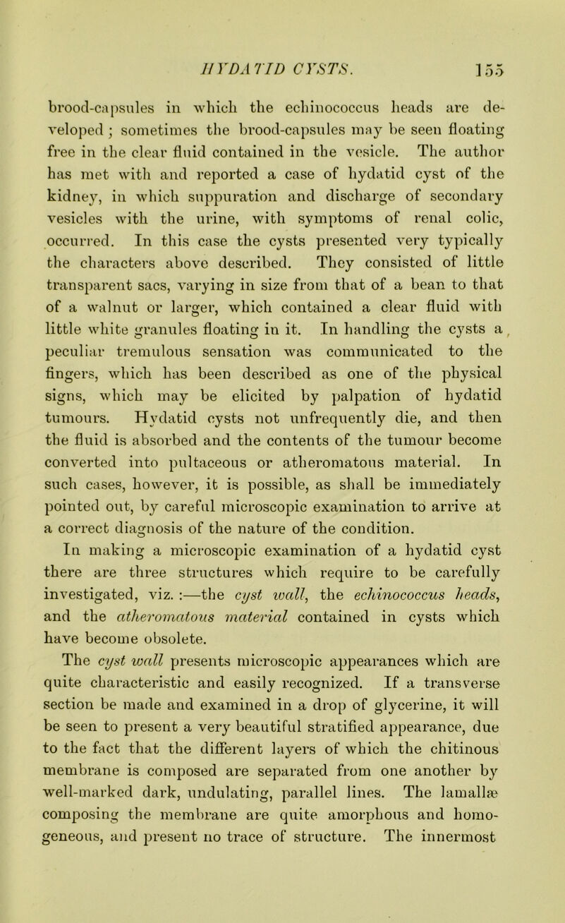 HYDATID CYSTS. 1 55 brood-capsules in which the echinococcus heads are de- veloped ; sometimes the brood-capsules may be seen floating free in the clear fluid contained in the vesicle. The author has met with and reported a case of hydatid cyst of the kidney, in which suppuration and discharge of secondary vesicles with the urine, with symptoms of renal colic, occurred. In this case the cysts presented very typically the characters above described. They consisted of little transparent sacs, varying in size from that of a bean to that of a walnut or larger, which contained a clear fluid with little white granules floating in it. In handling the cysts a peculiar tremulous sensation was communicated to the fingers, which has been described as one of the physical signs, which may be elicited by palpation of hydatid tumours. Hydatid cysts not unfrequently die, and then the fluid is absorbed and the contents of the tumour become converted into pultaceous or atheromatous material. In such cases, however, it is possible, as shall be immediately pointed out, by careful microscopic examination to arrive at a correct diagnosis of the nature of the condition. In making a microscopic examination of a hydatid cyst there are three structures which require to be carefully investigated, viz. :—the cyst wall, the echinococcus heads, and the atheromatous material contained in cysts which have become obsolete. The cyst wall presents microscopic appearances which are quite characteristic and easily recognized. If a transverse section be made and examined in a drop of glycerine, it will be seen to present a very beautiful stratified appearance, due to the fact that the different layers of which the chitinous membrane is composed are separated from one another by well-marked dark, undulating, parallel lines. The lamallse composing the membrane are quite amorphous and homo- geneous, and present no trace of structure. The innermost