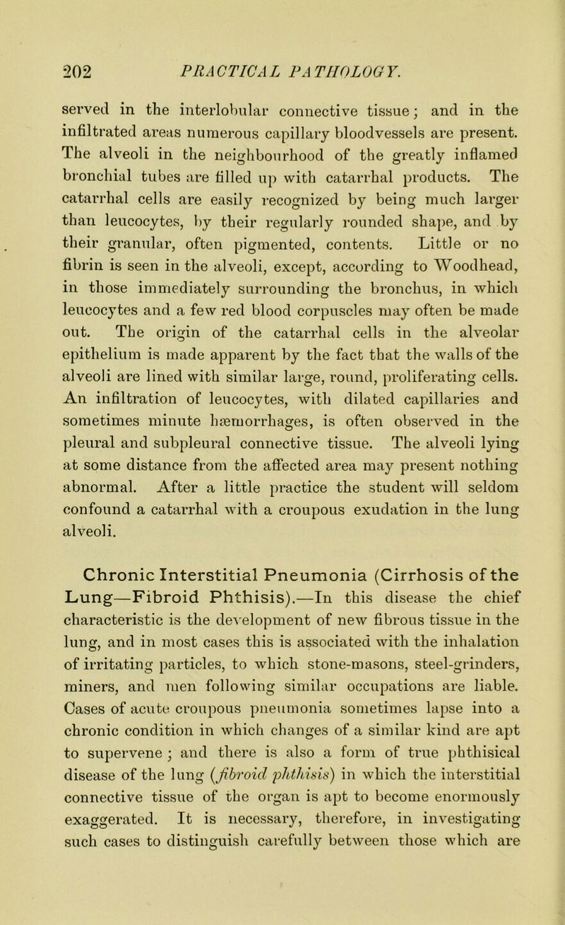 served in the interlobular connective tissue; and in the infiltrated areas numerous capillary bloodvessels are present. The alveoli in the neighbourhood of the greatly inflamed bronchial tubes are filled up with catarrhal products. The catarrhal cells are easily recognized by being much larger than leucocytes, by their regularly rounded shape, and by their granular, often pigmented, contents. Little or no fibrin is seen in the alveoli, except, according to Woodhead, in those immediately surrounding the bronchus, in which leucocytes and a few red blood corpuscles may often be made out. The origin of the catarrhal cells in the alveolar epithelium is made apparent by the fact that the walls of the alveoli are lined with similar large, round, proliferating cells. An infiltration of leucocytes, with dilated capillaries and sometimes minute haemorrhages, is often observed in the pleural and subpleural connective tissue. The alveoli lying at some distance from the affected area may present nothing abnormal. After a little practice the student will seldom confound a catarrhal with a croupous exudation in the lung alveoli. Chronic Interstitial Pneumonia (Cirrhosis of the Lung—Fibroid Phthisis).—In this disease the chief characteristic is the development of new fibrous tissue in the lung, and in most cases this is associated with the inhalation of irritating particles, to which stone-masons, steel-grinders, miners, and men following similar occupations are liable. Cases of acute croupous pneumonia sometimes lapse into a chronic condition in which changes of a similar kind are apt to supervene ; and there is also a form of true phthisical disease of the lung (fibroid phthisis) in which the interstitial connective tissue of rhe organ is apt to become enormously exaggerated. It is necessary, therefore, in investigating such cases to distinguish carefully between those which are