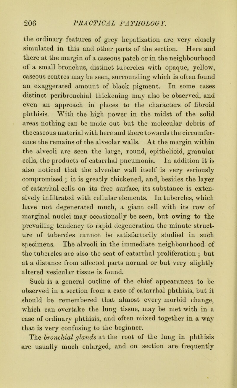 the ordinary features of grey hepatization are very closely simulated in this and other parts of the section. Here and there at the margin of a caseous patch or in the neighbourhood of a small bronchus, distinct tubercles with opaque, yellow, caseous centres may be seen, surrounding which is often found an exaggerated amount of black pigment. In some cases distinct peribronchial thickening may also be observed, and even an approach in places to the characters of fibroid phthisis. With the high power in the midst of the solid areas nothing can be made out but the molecular debris of thecaseous material with here and there towards the circumfer- ence the remains of the alveolar walls. At the margin within the alveoli are seen the large, round, epithelioid, granular cells, the products of catarrhal pneumonia. In addition it is also noticed that the alveolar wall itself is very seriously compromised ; it is greatly thickened, and, besides the layer of catarrhal cells on its free surface, its substance is exten- sively infiltrated with cellular elements. In tubercles, which have not degenerated much, a giant cell with its row of marginal nuclei may occasionally be seen, but owing to the prevailing tendency to rapid degeneration the minute struct- ure of tubercles cannot be satisfactorily studied in such specimens. The alveoli in the immediate neighbourhood of the tubercles are also the seat of catarrhal proliferation ; but at a distance from affected parts normal or but very slightly altered vesicular tissue is found. Such is a general outline of the chief appearances to be observed in a section from a case of catarrhal phthisis, but it should be remembered that almost every morbid change, which can overtake the lung tissue, may be met with in a case of ordinary phthisis, and often mixed together in a way that is very confusing to the beginner. The bronchial glands at the root of the lung in phthisis are usually much enlarged, and on section are frequently
