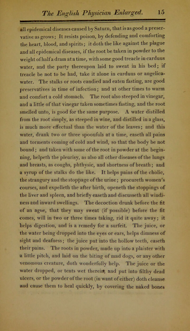 all epidemical diseases caused by Saturn, that is as good a preser- vative as grows; It resists poison, by defending and comforting the heart, blood, and spirits; it doth the like against the plague and all epidemical diseases, if the root be taken in powder to the weight of half a dram at a time, with some good treacle in carduus ■water, and the party thereupon laid to sweat in his bed; if treacle be not to be had, take it alone in carduus or angelica- water. The stalks or roots candied and eaten fasting, are good preservatives in time of infection; and at other times to warm and comfort a cold stomach. The root also steeped in vinegar, and a little of that vinegar taken sometimes fasting, and the root smelled unto, is good for the same purpose. A water distilled from the root simply, as steeped in wine, and distilled in a glass, is much more effectual than the water of the leaves; and this water, drank two or three spoonfuls at a time, easeth all pains and torments coming of cold and wind, so that the body be not bound; and taken with some of the root in powder at the begin- ning, helpeth the pleurisy, as also all other diseases of the lungs and breasts, as coughs, phthysic, and shortness of breath; and a syrup of the stalks do the like. It helps pains of the cholic, the strangury and the stoppage of the urine; procureth women's courses, and expelleth the after birth, openeth the stoppings of the liver and spleen, and briefly easeth and discusseth all windi- ness and inward swellings. The decoction drunk before the fit of an ague, that they may sweat (if possible) before the fit comes, will in two or three times taking, rid it quite away; it helps digestion, and is a remedy for a surfeit. The juice, or the water being dropped into the eyes or ears, helps dimness of sight and deafness; the juice put into the hollow teeth, easeth their pains. The roots in powder, made up into a plaister with a little pitch, and laid on the biting of mad dogs, or any other venomous creature, doth wonderfully help. The juice or the water dropped, or tents wet therein, and put into filthy dead ulcers, or the powder of the root (in want of either) dotli cleanse and cause them to heal quickly, by covering the naked bones