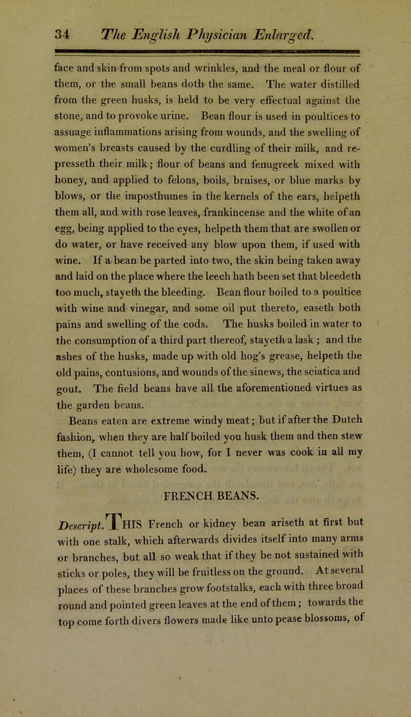 face and skin from spots and wrinkles, and the meal or flour of them, or the small beans doth the same. The water distilled from the green husks, is held to be very effectual against the stone, and to provoke urine. Bean flour is used in poultices to assuage inflammations arising from wounds, and the swelling of women’s breasts caused by the curdling of their milk, and re- presseth their milk; flour of beans and fenugreek mixed with honey, and applied to felons, boils, bruises, or blue marks by blows, or the imposthumes in the kernels of the ears, heipeth them all, and with rose leaves, frankincense and the white of an egg, being applied to the eyes, heipeth them that are swollen or do water, or have received any blow upon them, if used with wine. If a bean be parted into two, the skin being taken away and laid on the place where the leech hath been set that bleedeth too much, stayeth the bleeding. Bean flour boiled to a poultice with wine and vinegar, and some oil put thereto, easetli both pains and swelling of the cods. The husks boiled in water to the consumption of a third part thereof, stayeth a lask ; and the ashes of the husks, made up with old hog’s grease, heipeth the old pains, contusions, and wounds of the sinews, the sciatica and gout. The field beans have all the aforementioned virtues as the garden beans. Beans eaten are extreme windy meat; but if after the Dutch fashion, when they are half boiled you husk them and then stew them, (I cannot tell you how, for I never was cook in all my life) they are wholesome food. FRENCH BEANS. Descript.This French or kidney bean ariseth at first but with one stalk, which afterwards divides itself into many arms or branches, but all so weak that if they be not sustained with sticks or poles, they will be fruitless on the ground. At several places of these branches grow footstalks, each with three bioad round and pointed green leaves at the end of them; towards the top come forth divers flowers made like unto pease blossoms, of